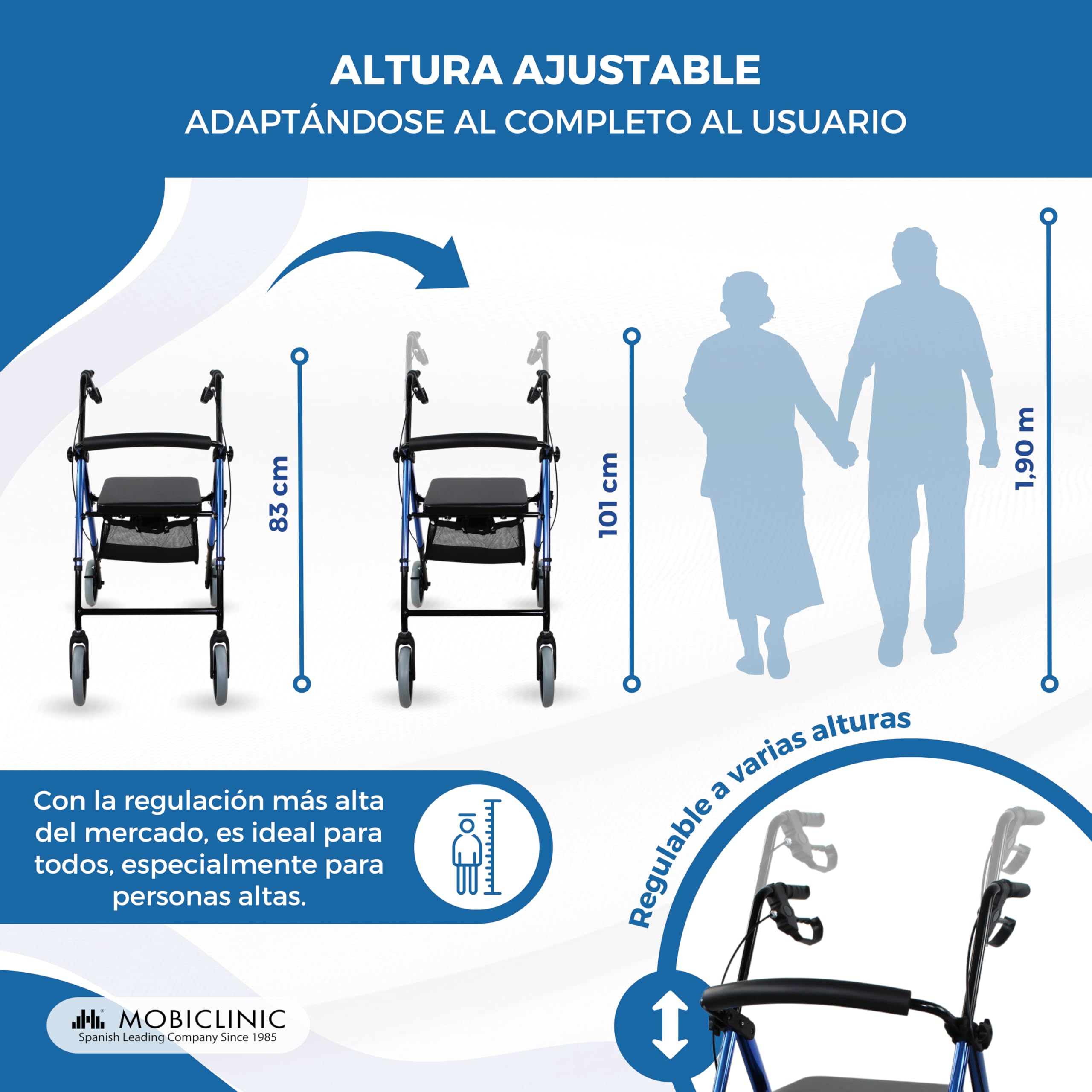 Mobiclinic®, Andador Plegable, Ligero, con Asiento y Cesta, Hércules, Frenos en Manetas, 4 Ruedas, Aluminio, Azul