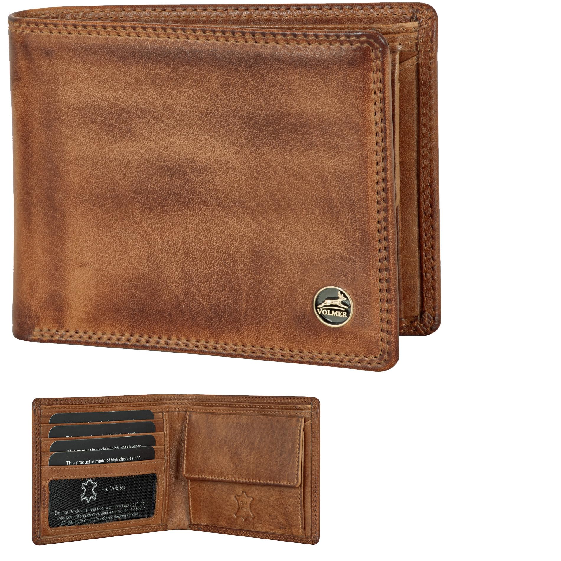 Fa.Volmer ® Leder Geldbörse Herren mit RFID-Schutz - extra-stabile Doppelnaht (4+2 Card - Antique Brown)