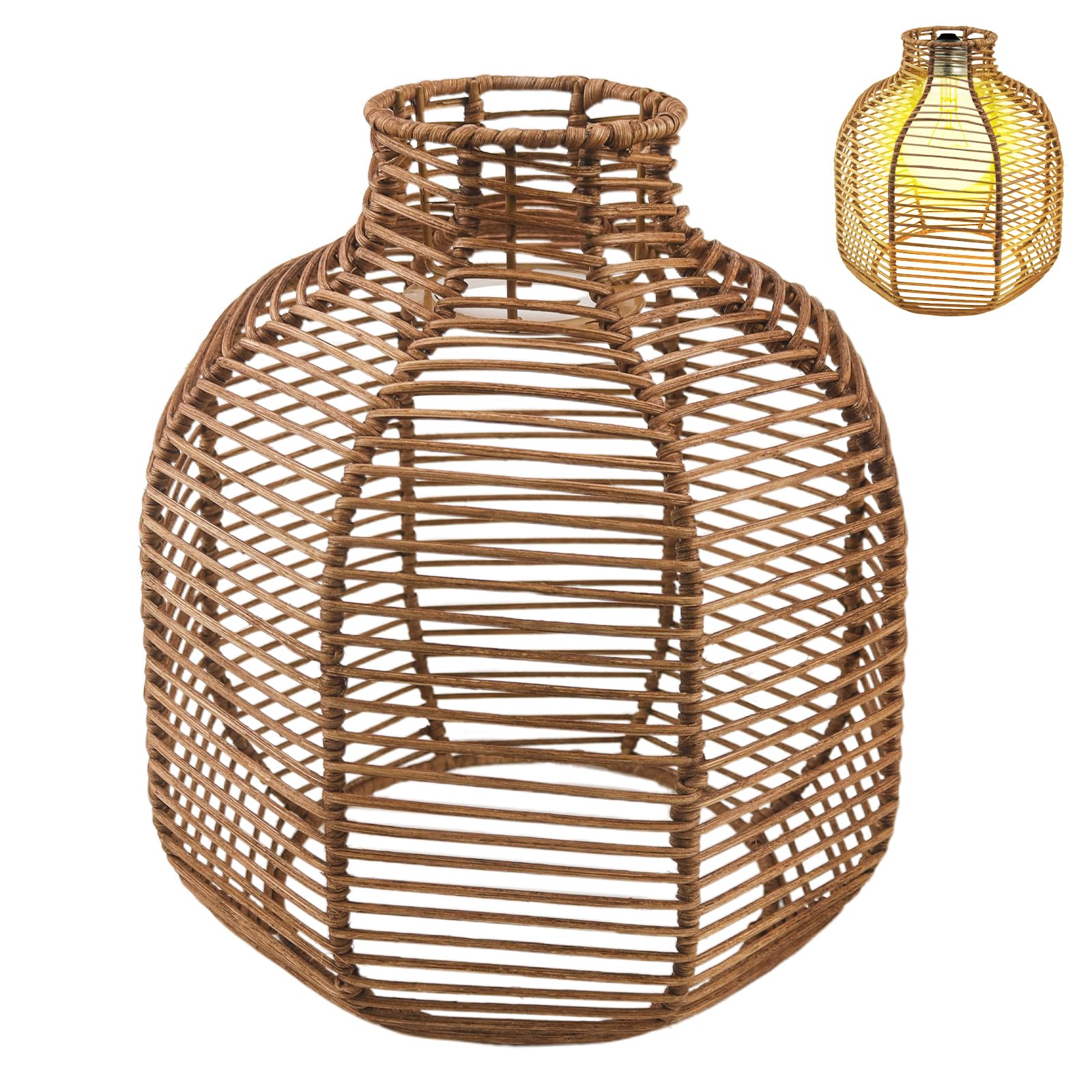 Lampenschirm Boho Rattan Lampenschirm Korbgeflecht (H 22cm) Tischleuchte Ersatzschirm Zubehör mit E27 E14 Lampenfassung für Deckenleuchten Pendelleuchten Stehlampe