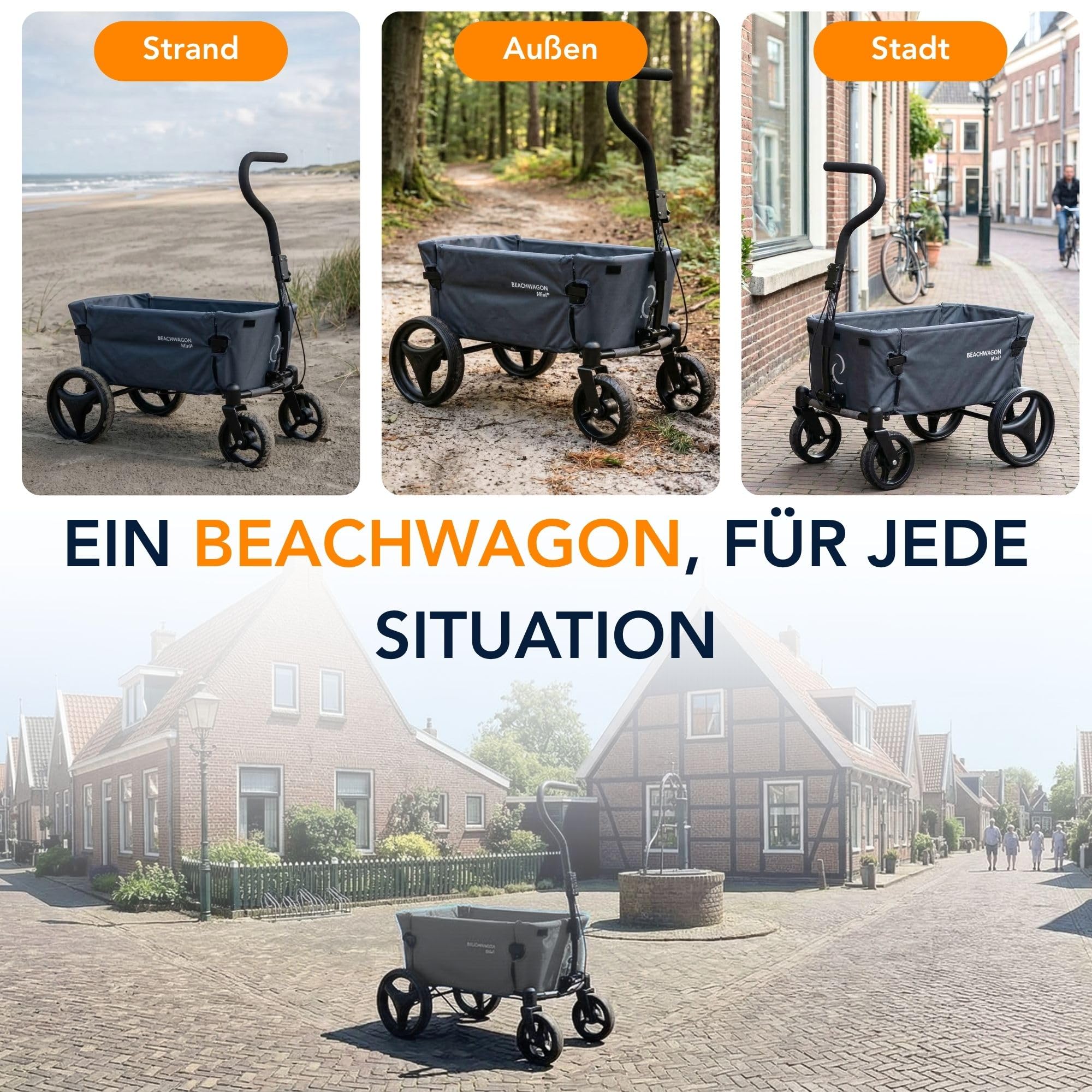Beach Wagon Faltbarer Bollerwagen MINI Combideal - 40 kg - Kompakter und Leichter Handwagen mit Fleece Wanneneinlage - Strandwagen, Gartenwagen und Campingwagen - Dunkelgrau