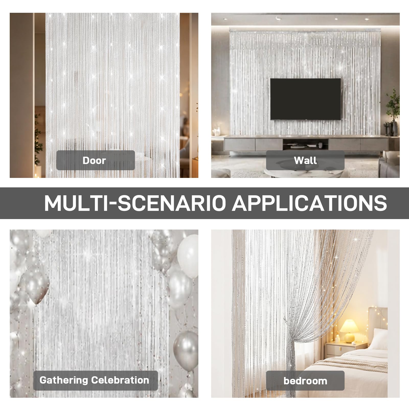 4 Tende a Fili per Porta, 100x200 cm Tende a Filo per Interni, Tenda Porta con Brillantini, Decorazione per Finestre, Divisori, per Matrimoni, Feste (bianco)