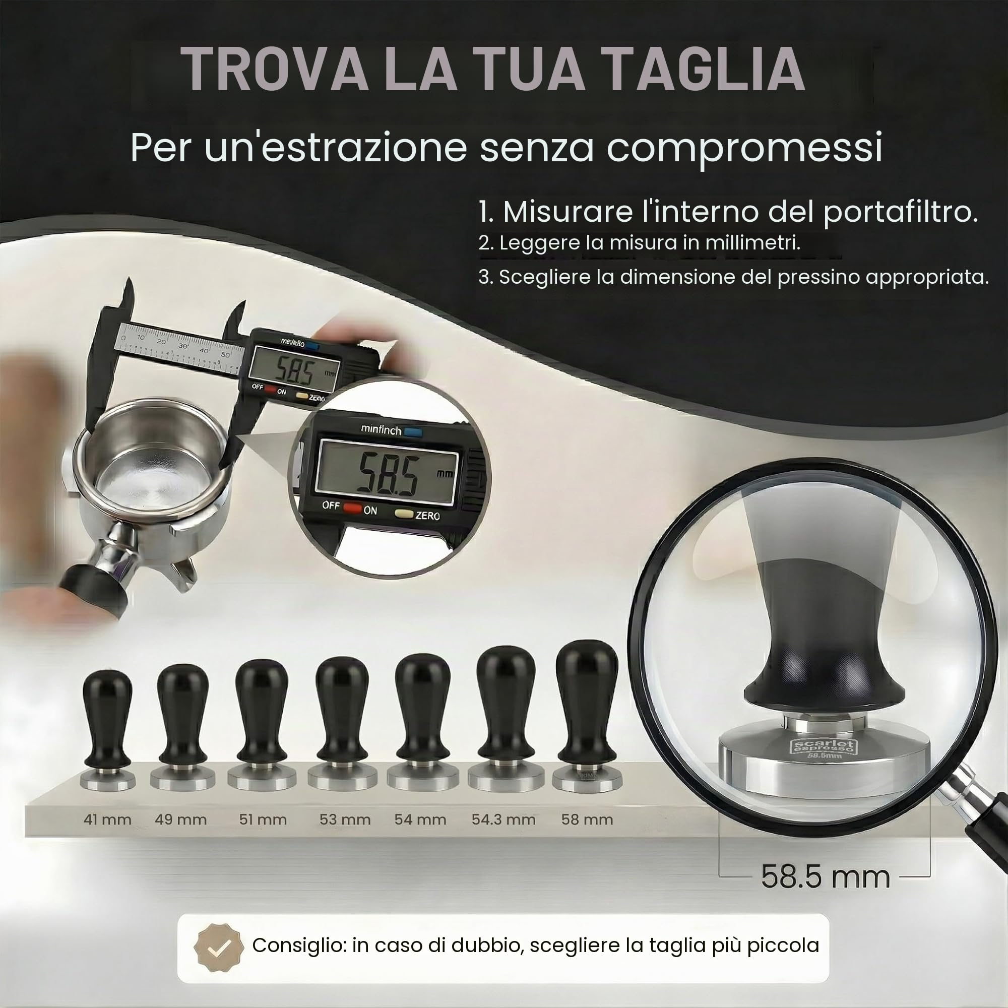 Scarlet Espresso - Pressino per caffè "Perfetto", calibrato a pressione di 16 kg, base in acciaio inox e manico in alluminio, pressa per caffè per estrazione uniforme, 57 mm
