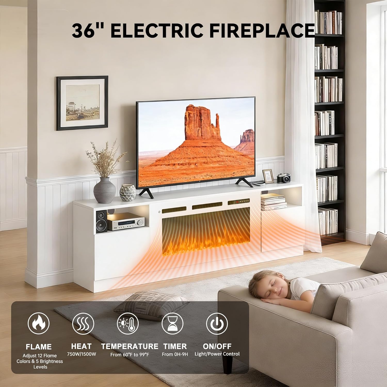 70" Fireplace TV Stand, LED Light Entertainment Center for TVs Up to 80", High-Gloss Door, Modern TV Console for Living Room with Storage Cabinet, White+White - Image 5