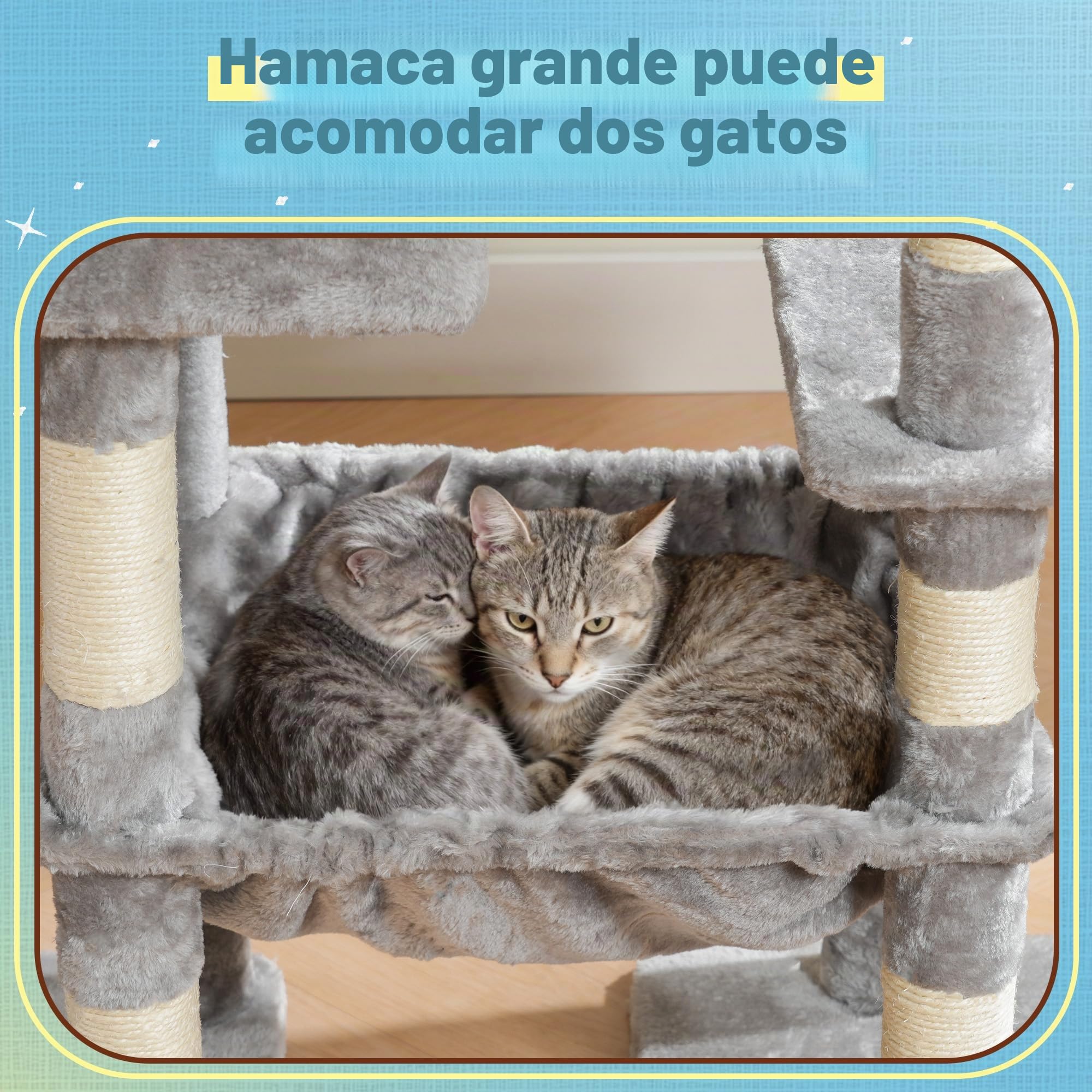Hey-brother Árbol para Gatos, Rascador para Gatos con una Gran Plataforma, Estructura escalonada, con 2 nidos para Gatos, una Hamaca espaciosa, un rascador de sisal y una Cesta, Gris Claro MPJ071W