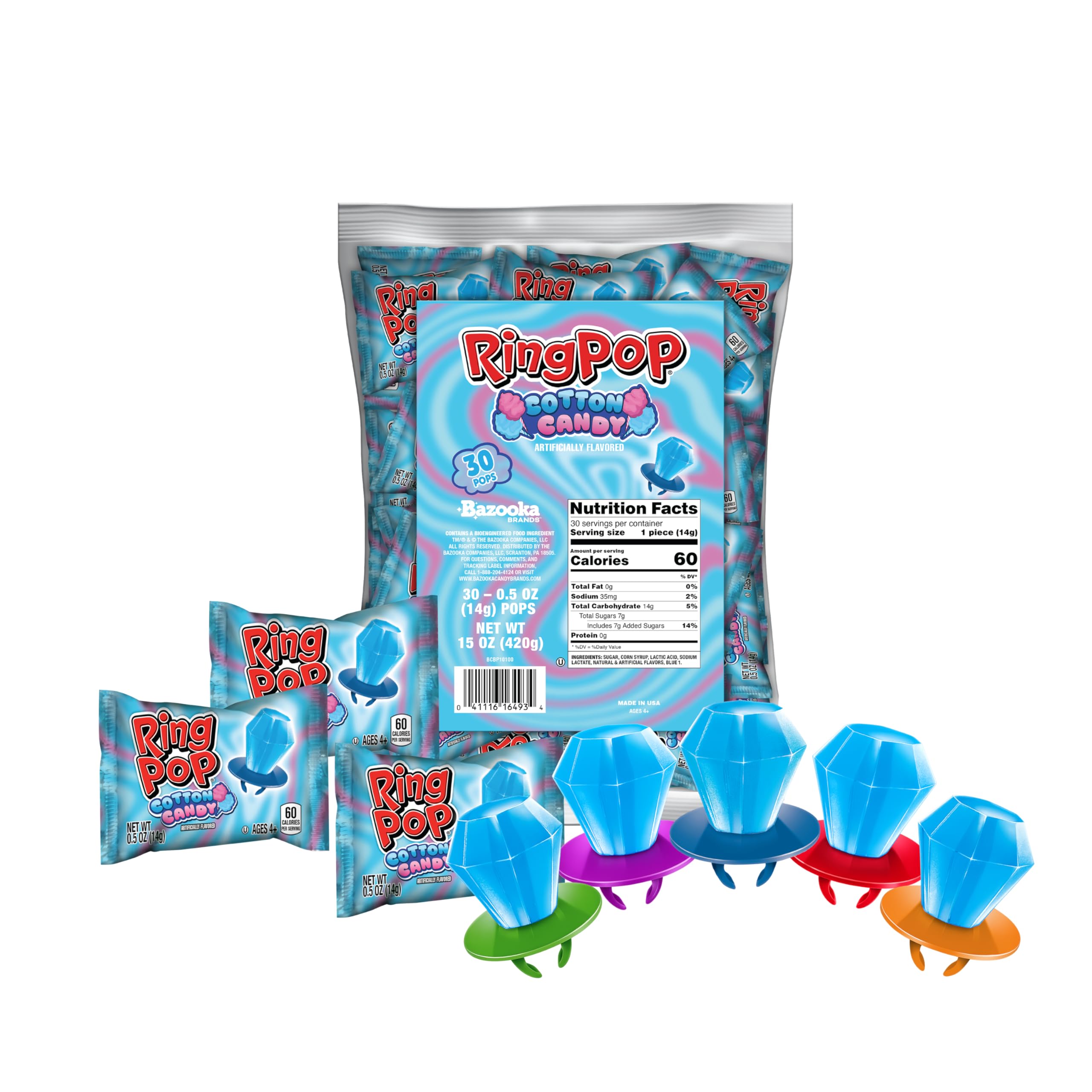 Ring Pop Individually Wrapped Cotton Candy Flavored Lollipop 30 Count | Bulk Pack – Wearable Hard Candy Rings for Kids Fun Sweets for Parties Party Favors & Goodie Bags