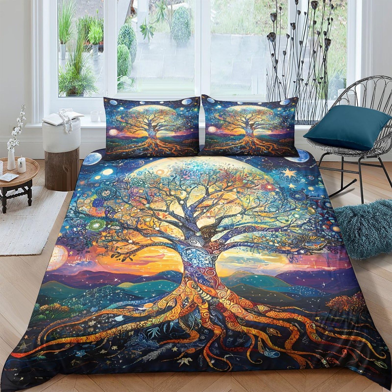 Ctjqhvkz Style-3 3D Printed Tree Of Life Fitted Sheet Microfiber Soft Colorful Sunset Roots Mattress Cover For Bedroom Guest Room Decor Single（135X200cm）