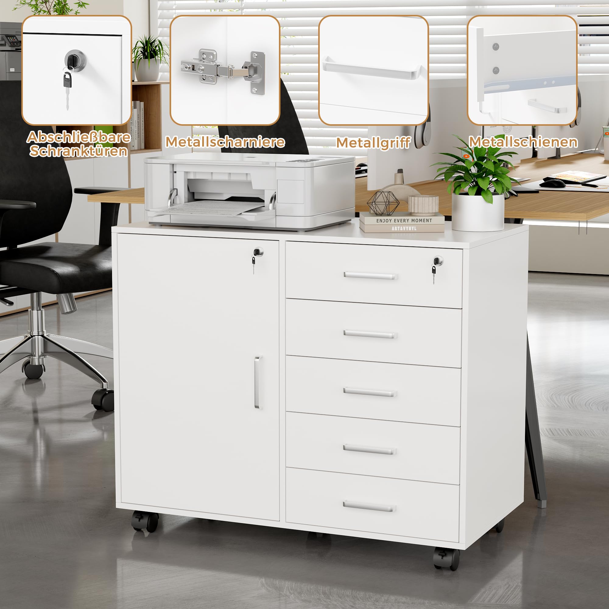 BEWISHOME Rollcontainer Schreibtisch mit 5 Schubladen Weiß | 78x40x65,5cm, Aktenschrank Abschließbar mit 5 Rollen,1 Schrankfach Abschließbarer Büro Schrank mit Verstellbaren Einlegeböden