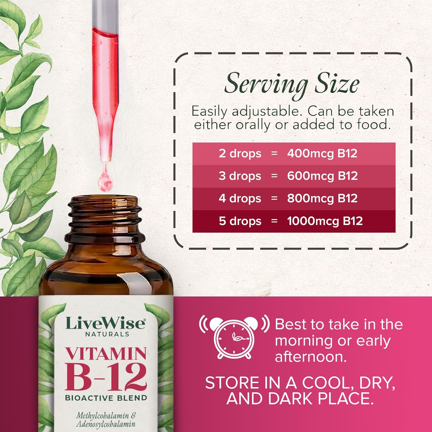 Organic Vitamin B12 1000 mcg Sublingual Liquid Drops For Adults, 6 Months Supply 1 oz, Methylcobalamin & Adenosylcobalamin - Bioactive Blend for Energy, Clarity & Focus - Vegan, Non-GMO, Unflavored