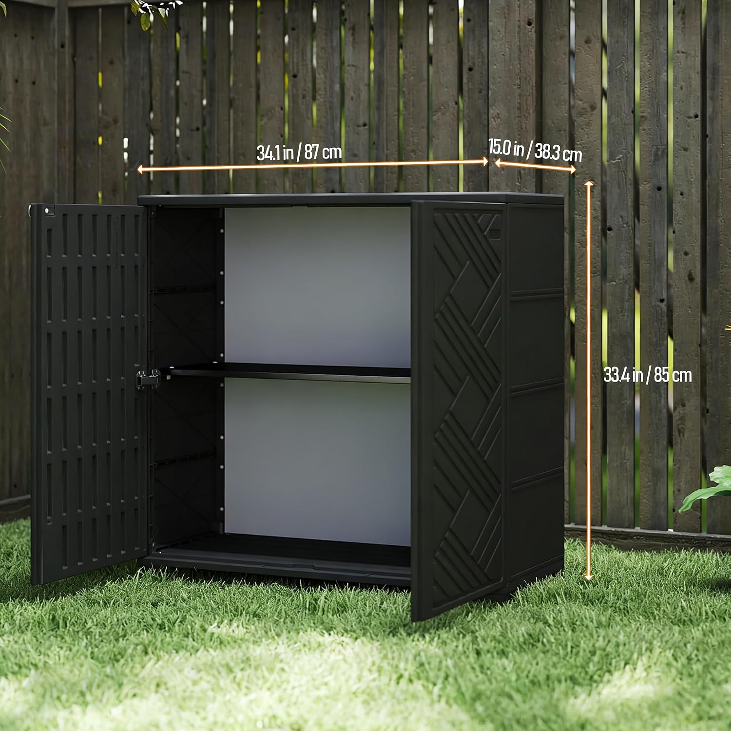 Indoor Outdoor Storage Cabinet,34"x15"x34" Storage Shed Waterproof UV-Resistant, Resin Shed for Garden, Backyard, Garage, Vertical Storage Box for Trash Cans, Gardening Tools,Black with 1 Shelf