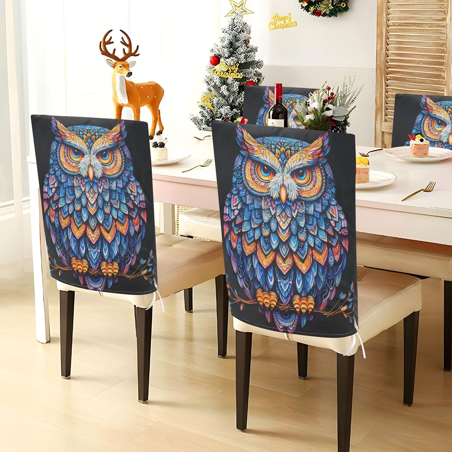 ALAZA Vintage Style Boho Tribal Owl Chair Back Cover Set of 6, Washable Reusable Removable Chair Slipcovers Decorative Chair Cover for Home Kitchen Wedding Party