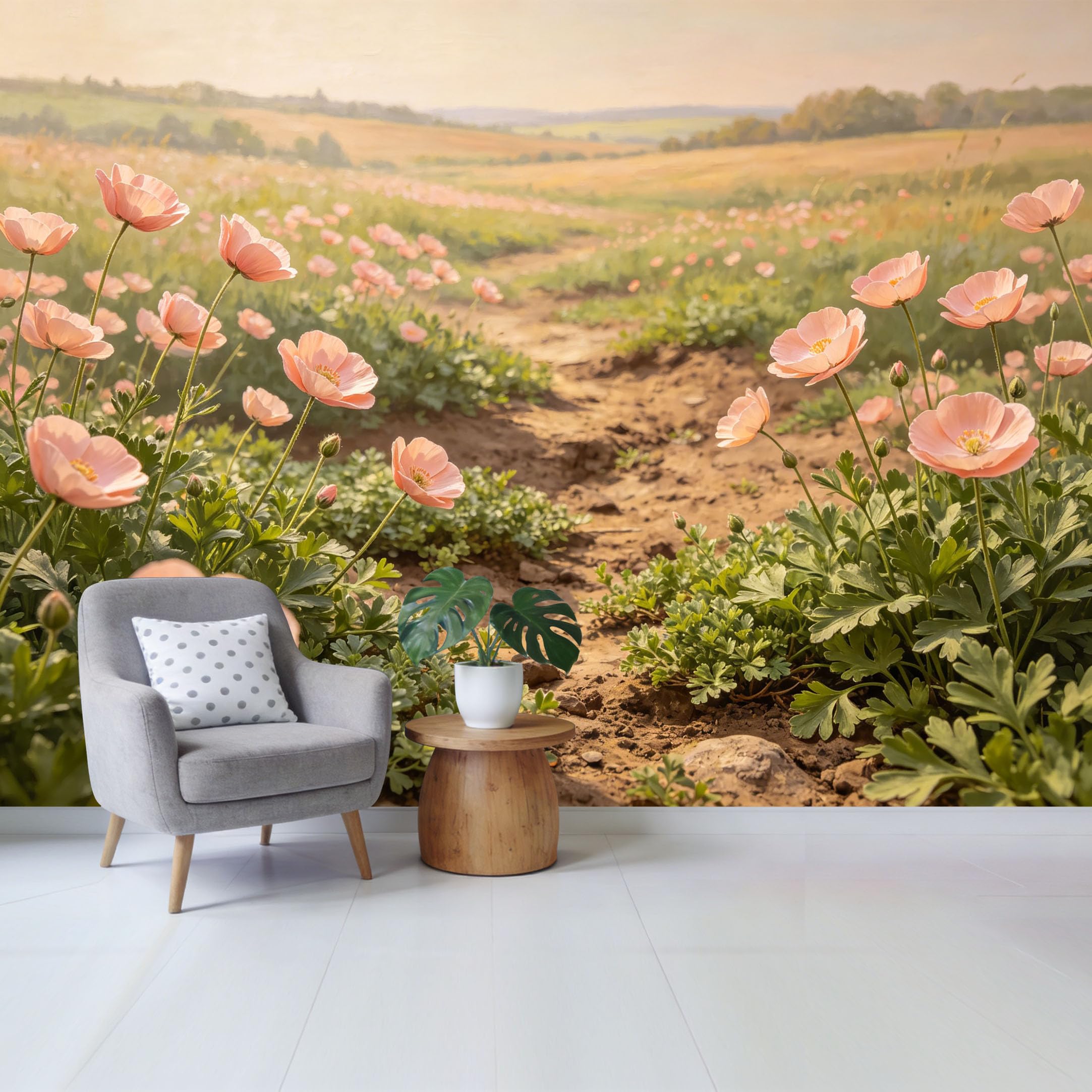 Qzlithotic Yq2605250705 Custom Size Wall Mural Pastel Pink Wildflower Meadow Landscape Sunset Warm Glow Botanical Watercolor Selfadhesive Wall Fabric Removable Wallpaper For Home Office Decor