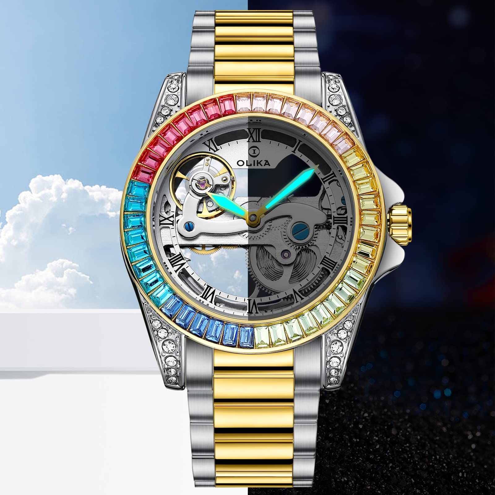 Reloj para mujer, reloj mecánico de cuerda automática, reloj esqueleto de acero inoxidable, reloj luminoso resistente al agua, reloj elegante de negocios (Rainbow Machinery), Una maquinaria de 2