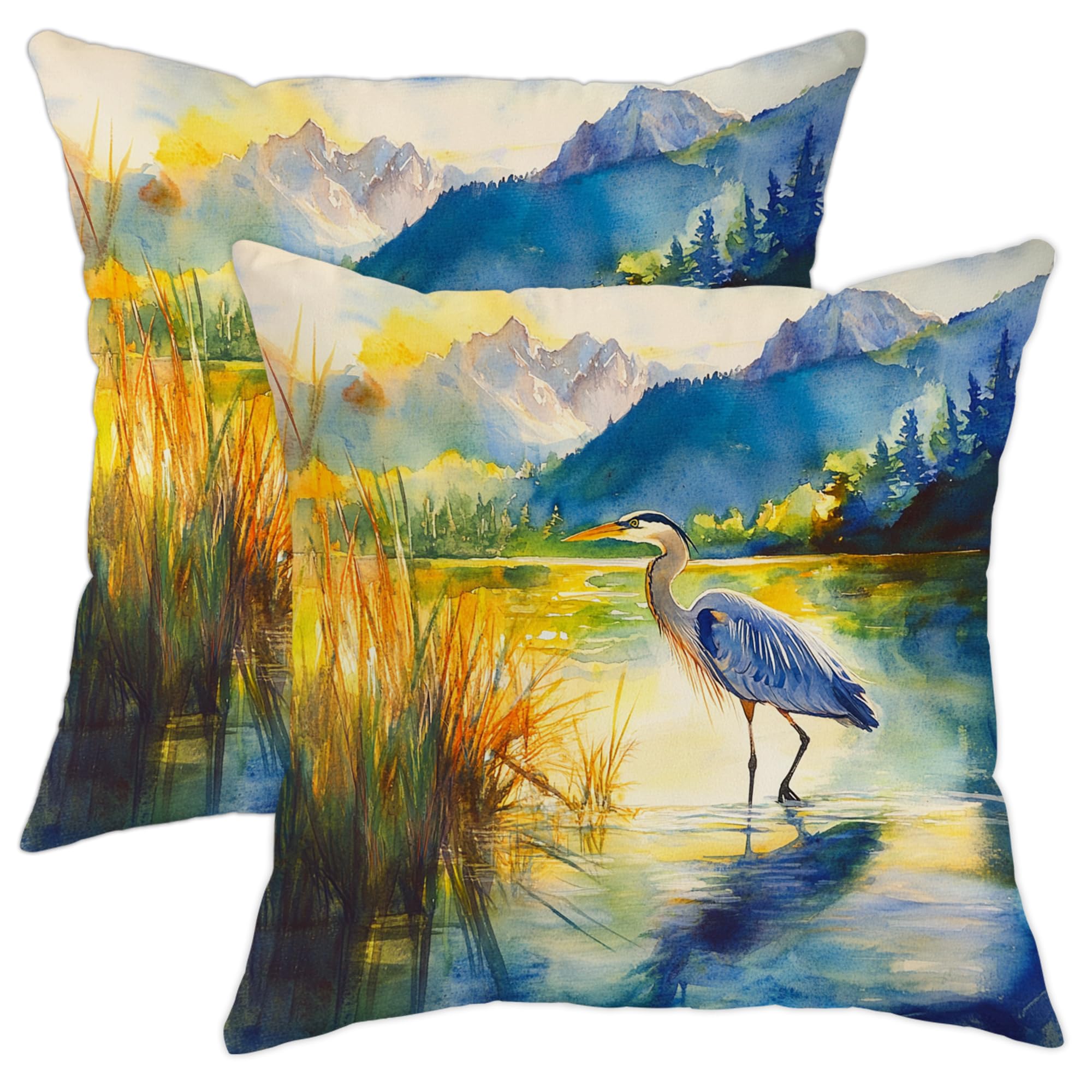 Heron Pillow Covers Set of 2, Blue and Yellow Watercolor Decorative Throw Pillow Cases, Nature Inspired Seasonal Home Sofa Couch Accents Pillows for