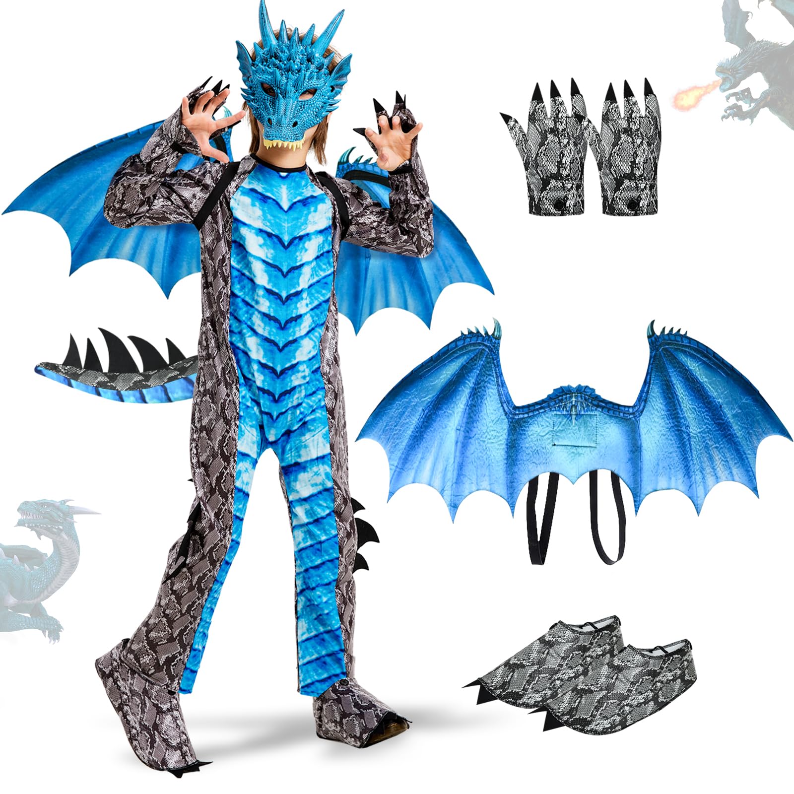 Ulikey Costume da Drago Bambino, Costume Carnevale Ragazzi, con Ali di Drago, Maschera da Drago, Dinosauri per Bambini Blu Rosso, Drago Tute per Bambini Carnevale Halloween Feste Cosplay