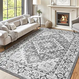 Lofus 6x9 Area Rugs for Living Room, Washable Area Rug, Rugs for Bedroom, Kitchen, Vintage Boho Carpet, Soft Non-Slip, Low Pile Large Area Rug for Office Dining Room, Floral Grey