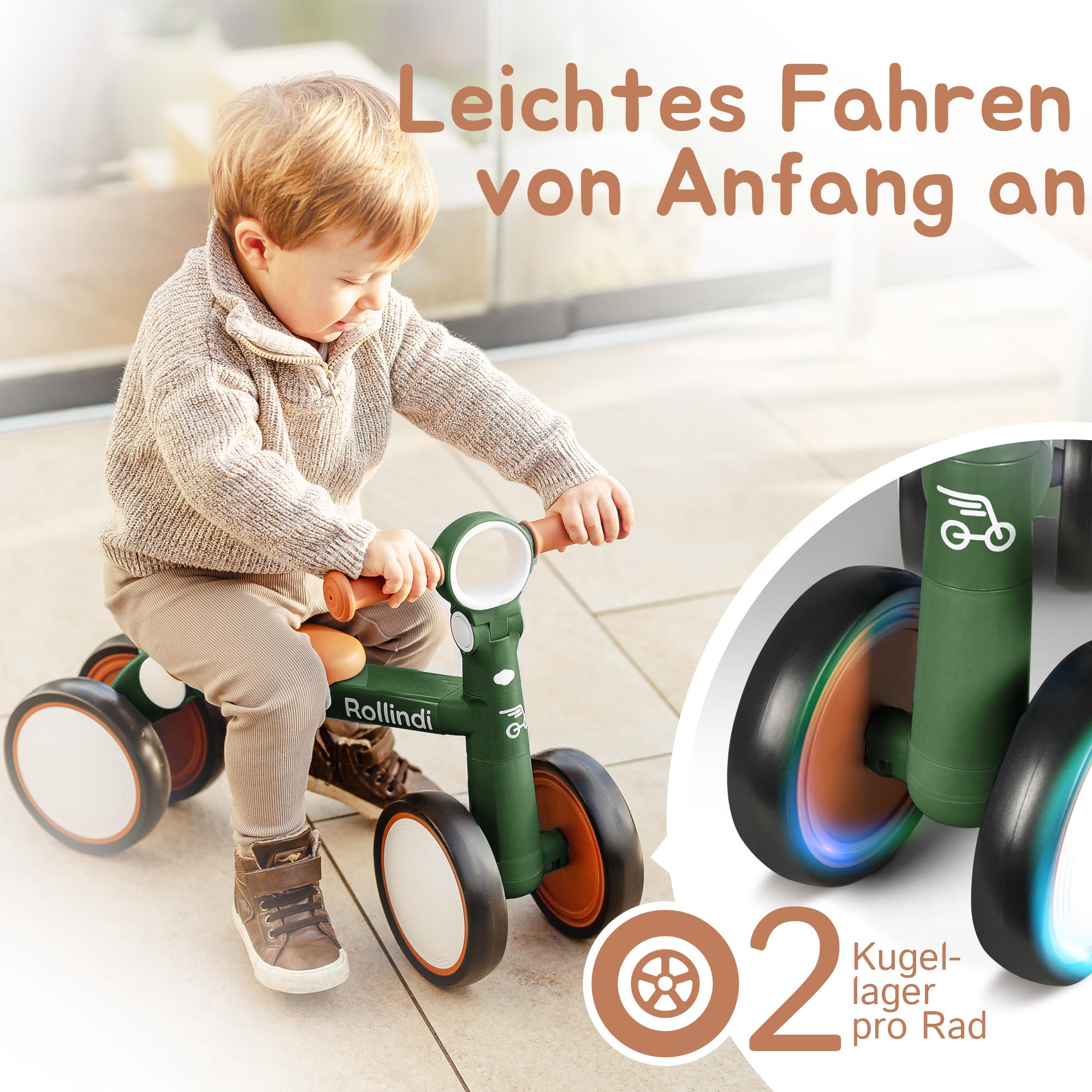 Walk – Sicheres erstes Laufrad ab 1 Jahr, Ultraleicht & kippsicher, leise Räder für drinnen & draußen, mitwachsendes Lauflernrad Baby 12–36 Monate, Geschenk zum 1. Geburtstag, Grün