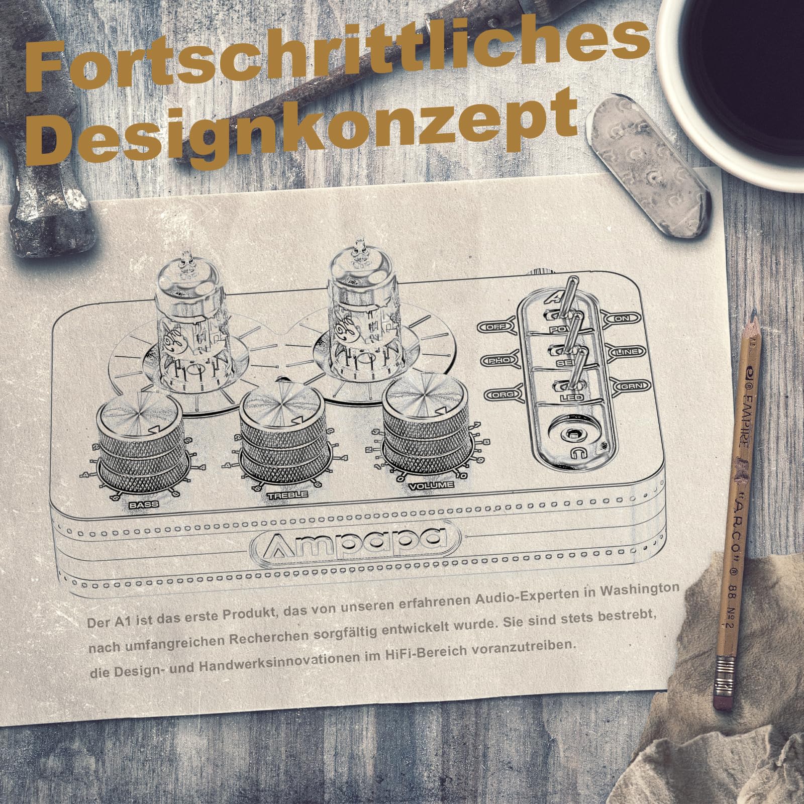 A1 Phono Röhren Vorverstärker, Hi-Fi Audiophiler Vorverstärker, Kopfhörerverstärker, für MM Plattenspieler, mit Ton anpassen für Home Audio Plattenspieler Lautsprecher, Desktop Computer