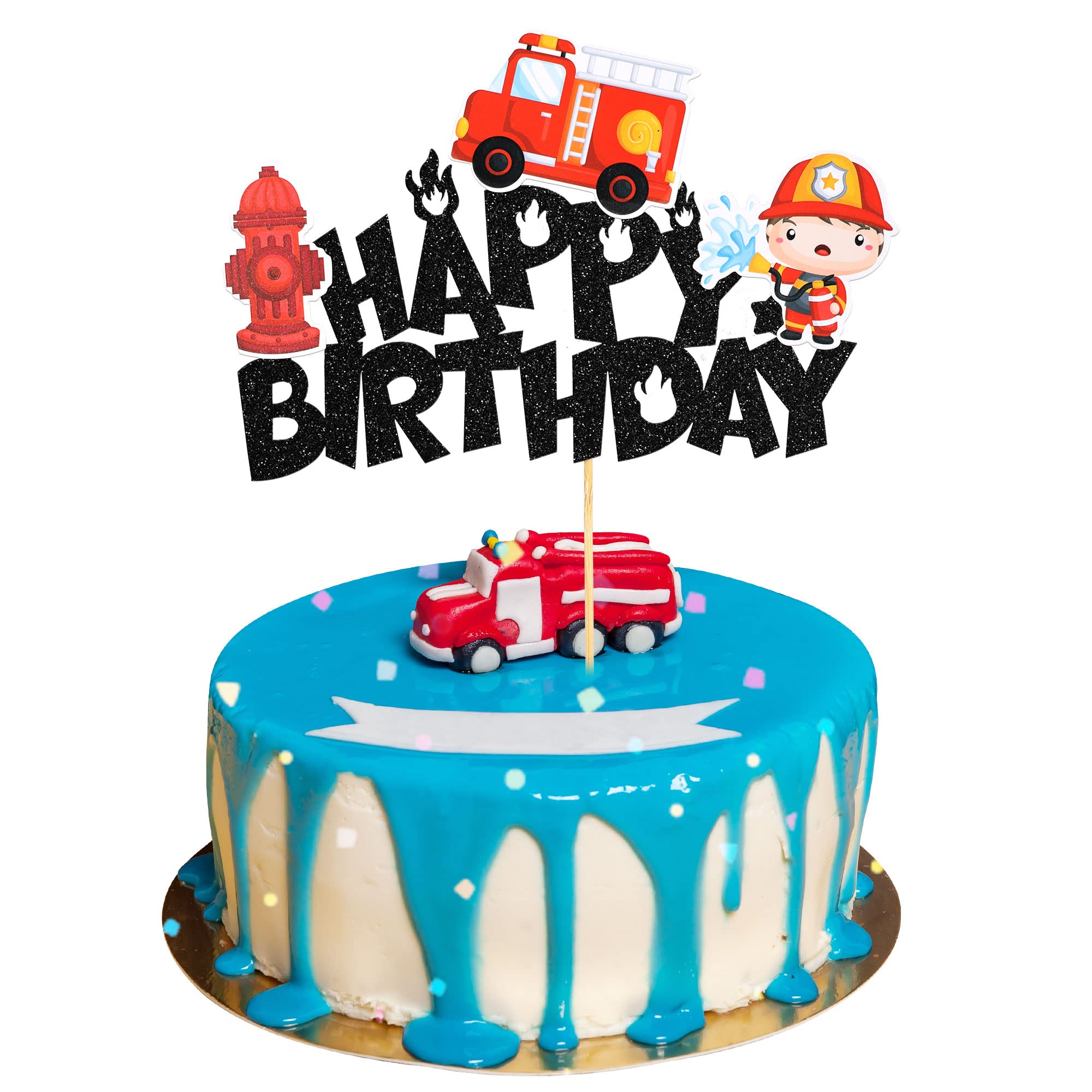 Buy Gyufise 1Pcs Fireman Happy Birthday Cake Topper Glitter Fire Truck