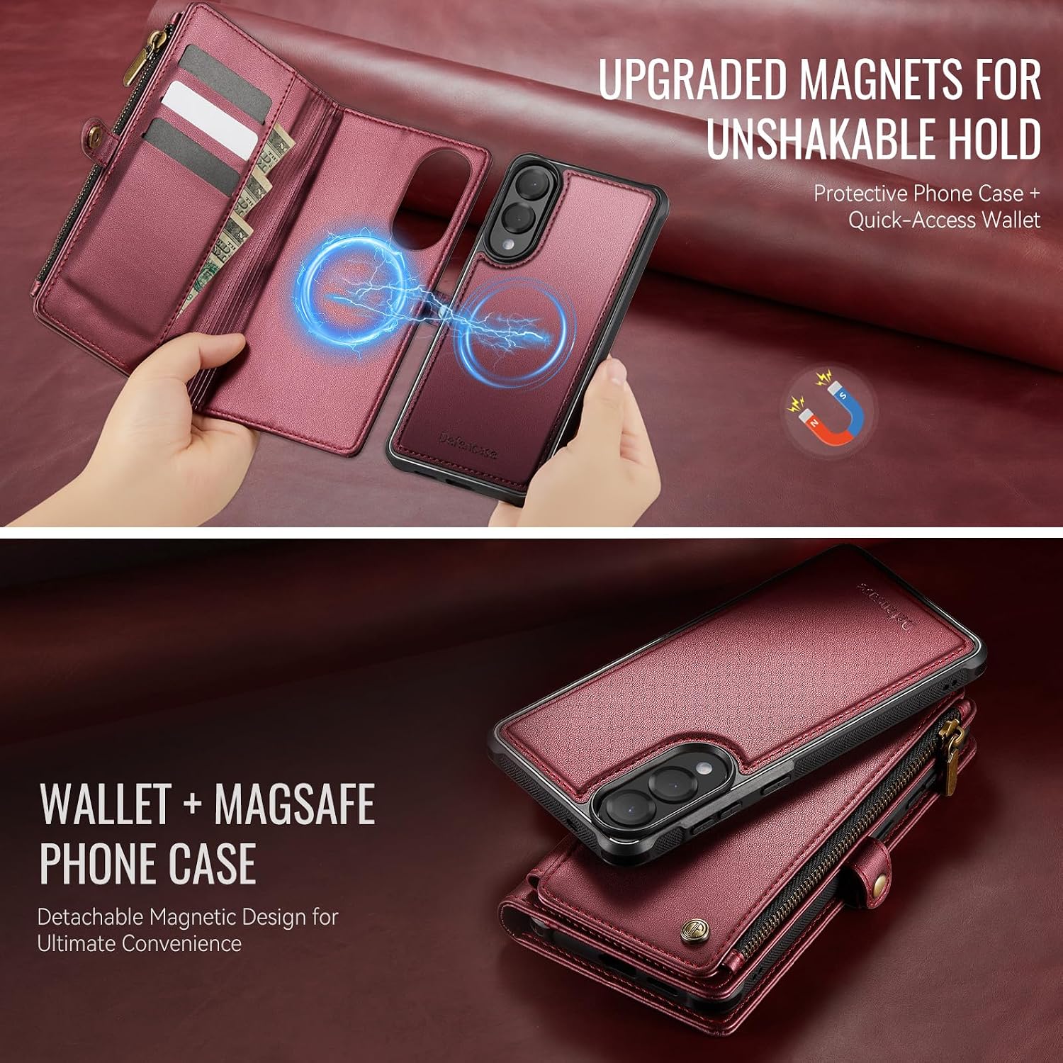 Defencase for Samsung Galaxy S25 Edge Magnetic Wallet Case Compatible with Magsafe with RFID Blocking Zipper & Card Holder Women, PU Leather Detachable Phone Case for Galaxy S25 Edge 6.7", Wine Red