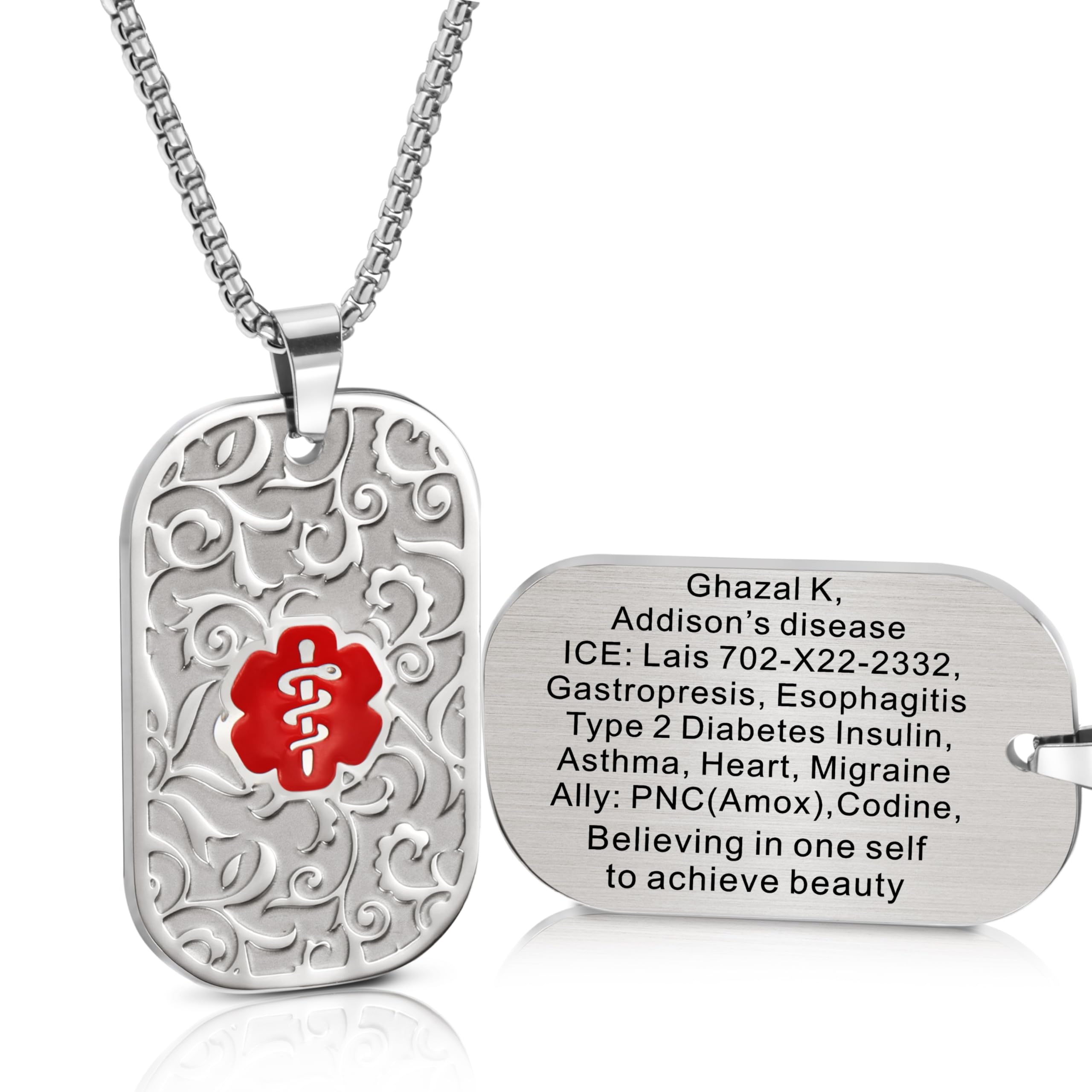 ASTERY Customize Medical Alert Necklace Dog Tag with laser Engraving, Personalized Emergency Identification Stainless steel ID Necklace medic life alert Jewelry for Men Women,2 Color Option (Red)