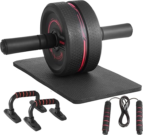 Omecon Kit de rueda de rodillo abdominal, rueda de rodillo para entrenamiento de abdominales con barras de empuje, alfombrilla de rodilla, cuerda de