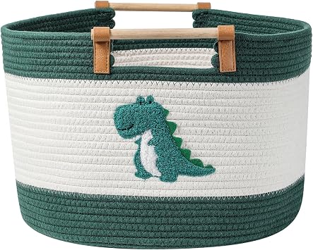 Large Blanket Basket 35L Cotton Rope Basket with Wooden Handles Woven Baskets for Kids Stuffed Animal Toys Storage for Nursery, Laundry Hamper Clothes Baby Hamper Boys Gift Basket Empty, Dinosaur