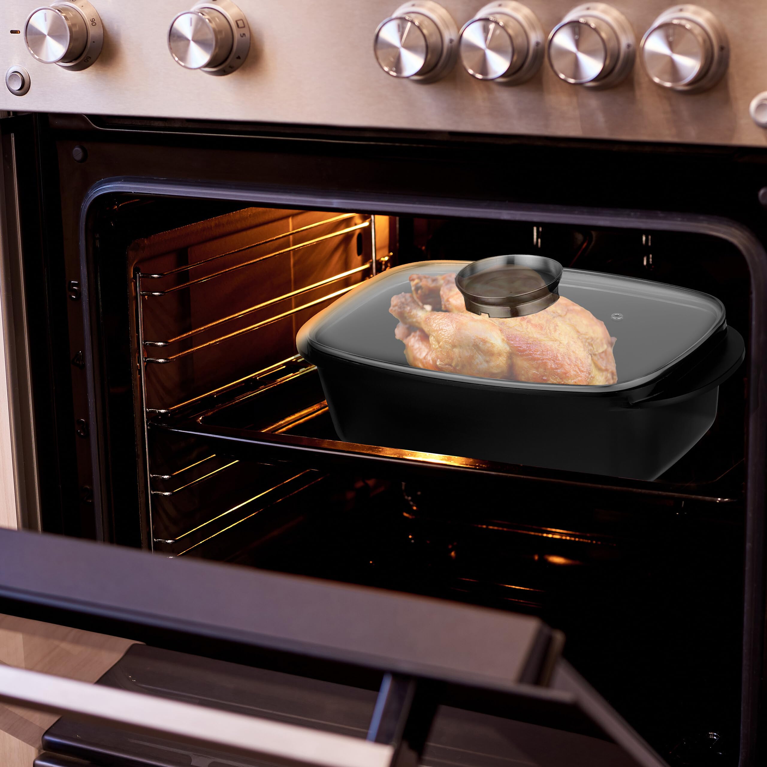 Relaxdays Pirofila da Forno con Coperchio, Teglia 5 L, Pomello per Aromatizzazione Piano Cottura Elettrico e Gas, Nero