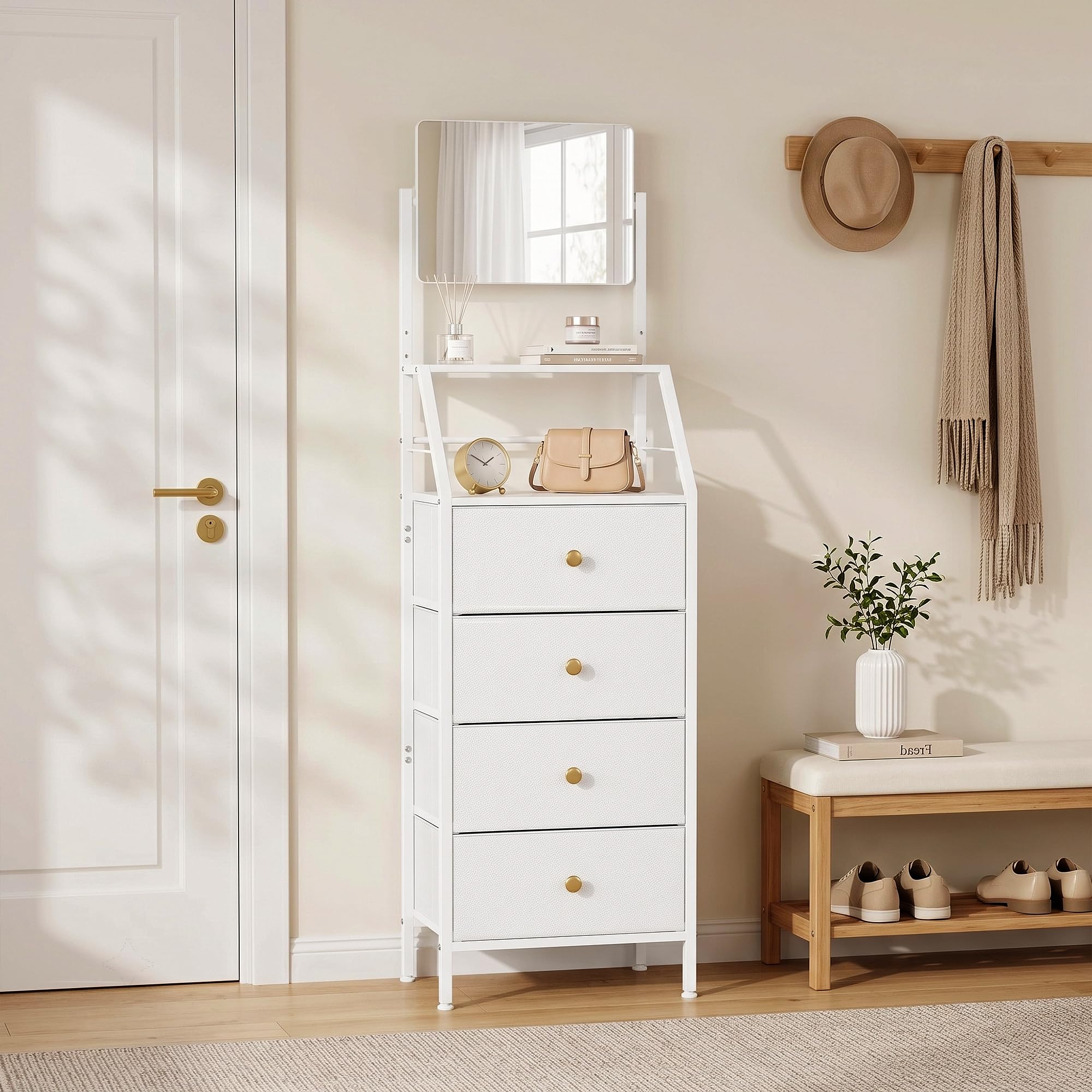 Commode Chambre 4 Tiroirs Tissu Commode Haut avec Miroir, Blanc | Meuble de Rangement Tissu, Miroir Réglable, 39 x 28 x 148 cm, Chiffonier pour Chambre/Entrée/Couloir/Salon