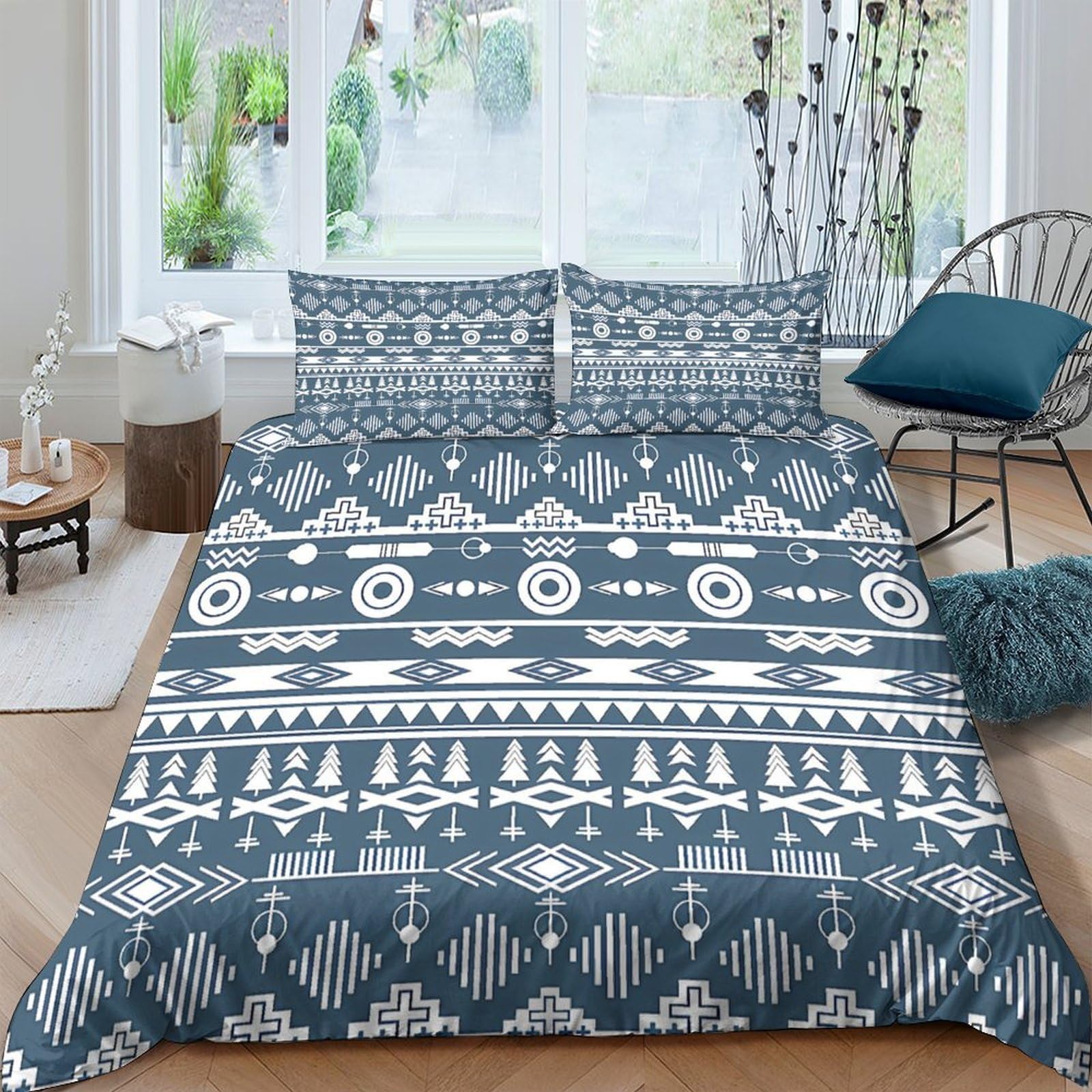 Ctjqhvkz Style-7 3D Printed Nordic Geometric Fitted Sheet Microfiber Blue Ethnic Pattern Mattress Cover Bedroom Decor Non-Slip Washable Single（135X200cm）