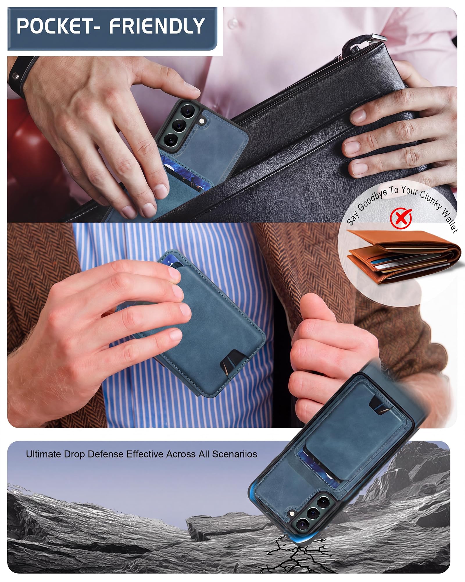 Custodia a portafoglio magnetica staccabile per Samsung Galaxy S22 con cavalletto, 2 in 1 compatibile MagSafe con blocco RFID, custodia sottile in pelle PU blu