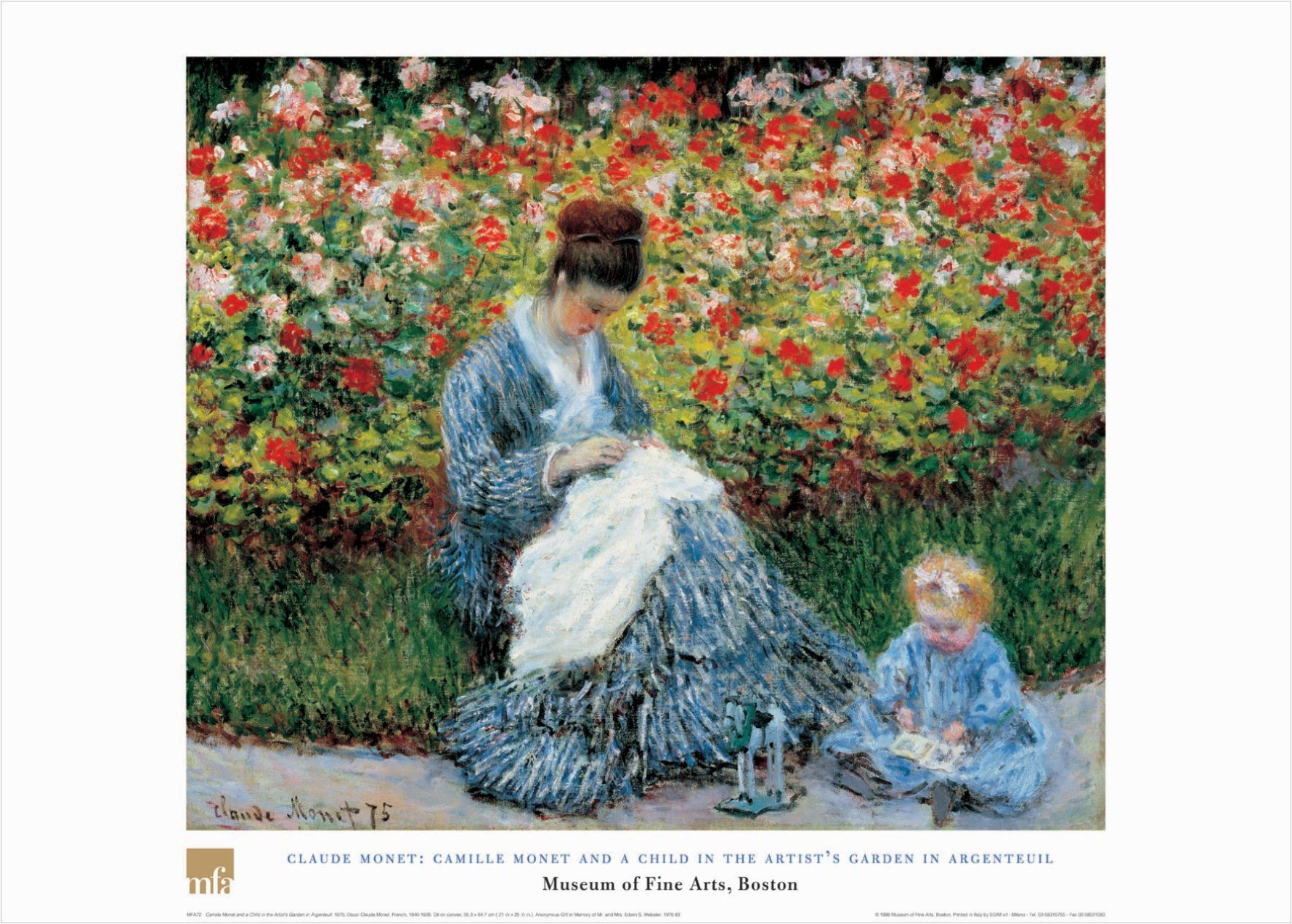 Pôster impresso de arte Camille Monet e uma criança no jardim do