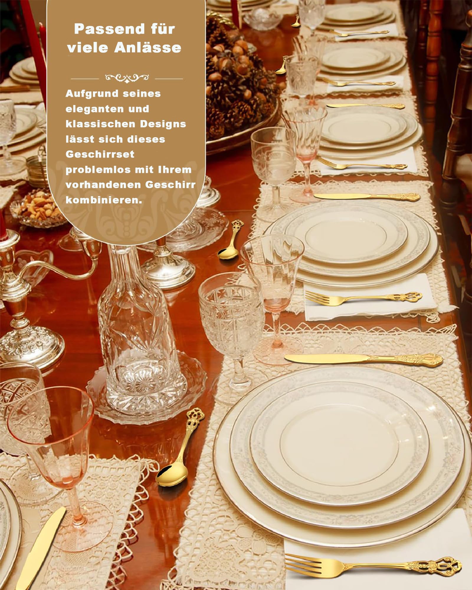 Retro Gold Besteckset für 6 Personen, Wunderschönes 24-teiliges Edelstahlgeschirr, Service für 6 Personen, Utensilienset, Gabel, Löffel, Messer, antikes Barock-Besteckset