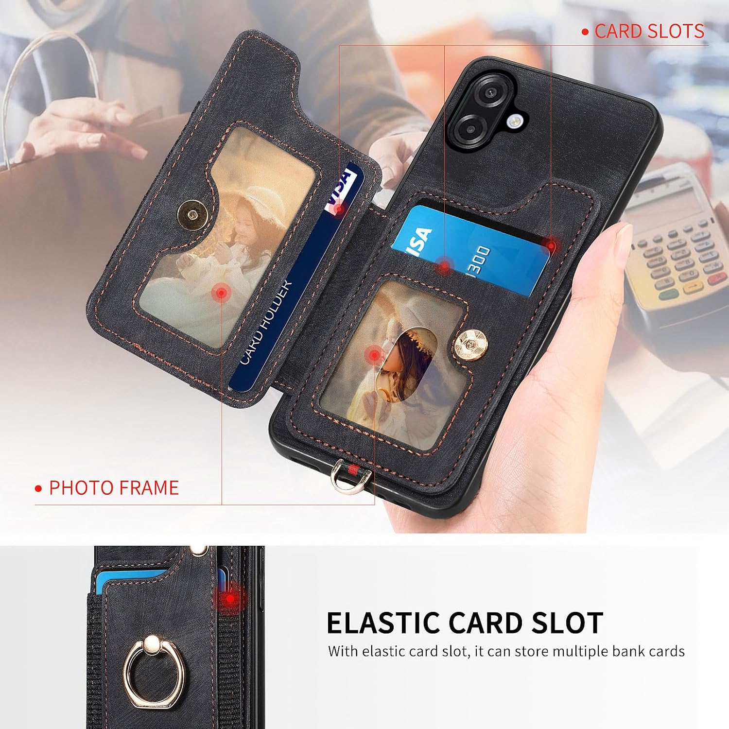Asuwish Phone Case for Samsung Galaxy A07 4G Wallet Cover with Tempered Glass Screen Protector and Wrist Strap Lanyard RFID Credit Card Holder Ring Stand Cell Accessories AO7 A 07 Women Men Black image 2
