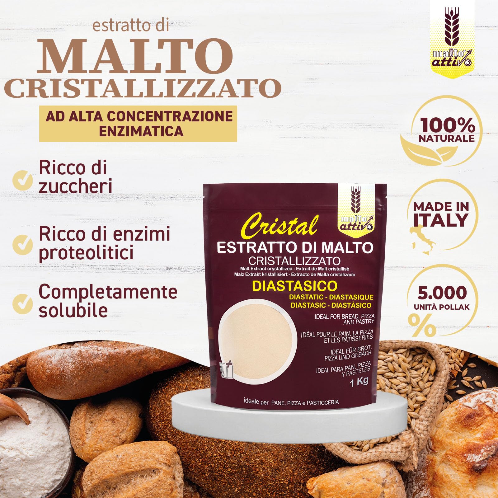 Malto Attivo, Cristal Diastasico 1000g, Estratto di Malto Cristallizzato ad Elevato Potere Diastasico, Malto d’Orzo e Mais Ideale per Panificazione, 5.000 Unità Pollak, Made in Italy.