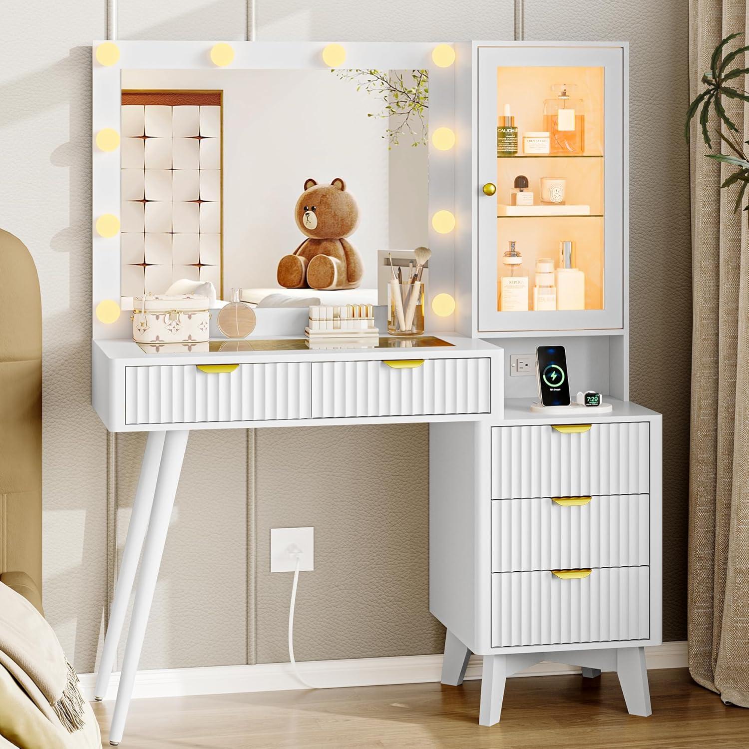 Makeup Vanity Desk with Mirror and Lights, 57" Fluted Vanity Dresser Combo & Storage Shelves, Vanity Mirror with Mirror and Lights with 8 Drawers, 3 Color Modes, Dressing Table Set for Girls, White