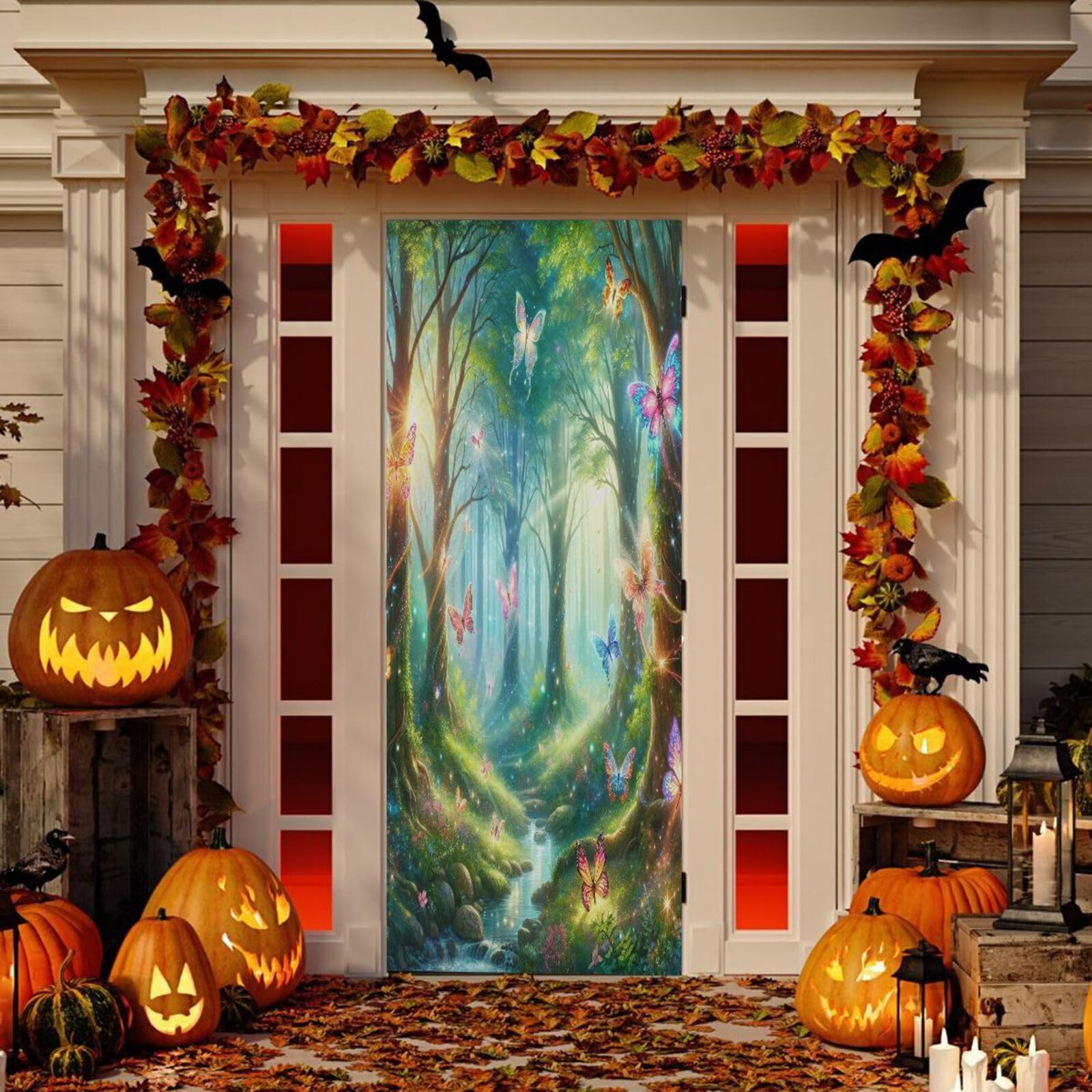 Msyxl Enchanted Fairy Forest Door Cover, Front Door Cover Decoration, Removable Home Decor for Indoor Outdoor, Farmhouse, Holiday Party, Xmas, Enhance Holiday Atmosphere, 35 x 79 in