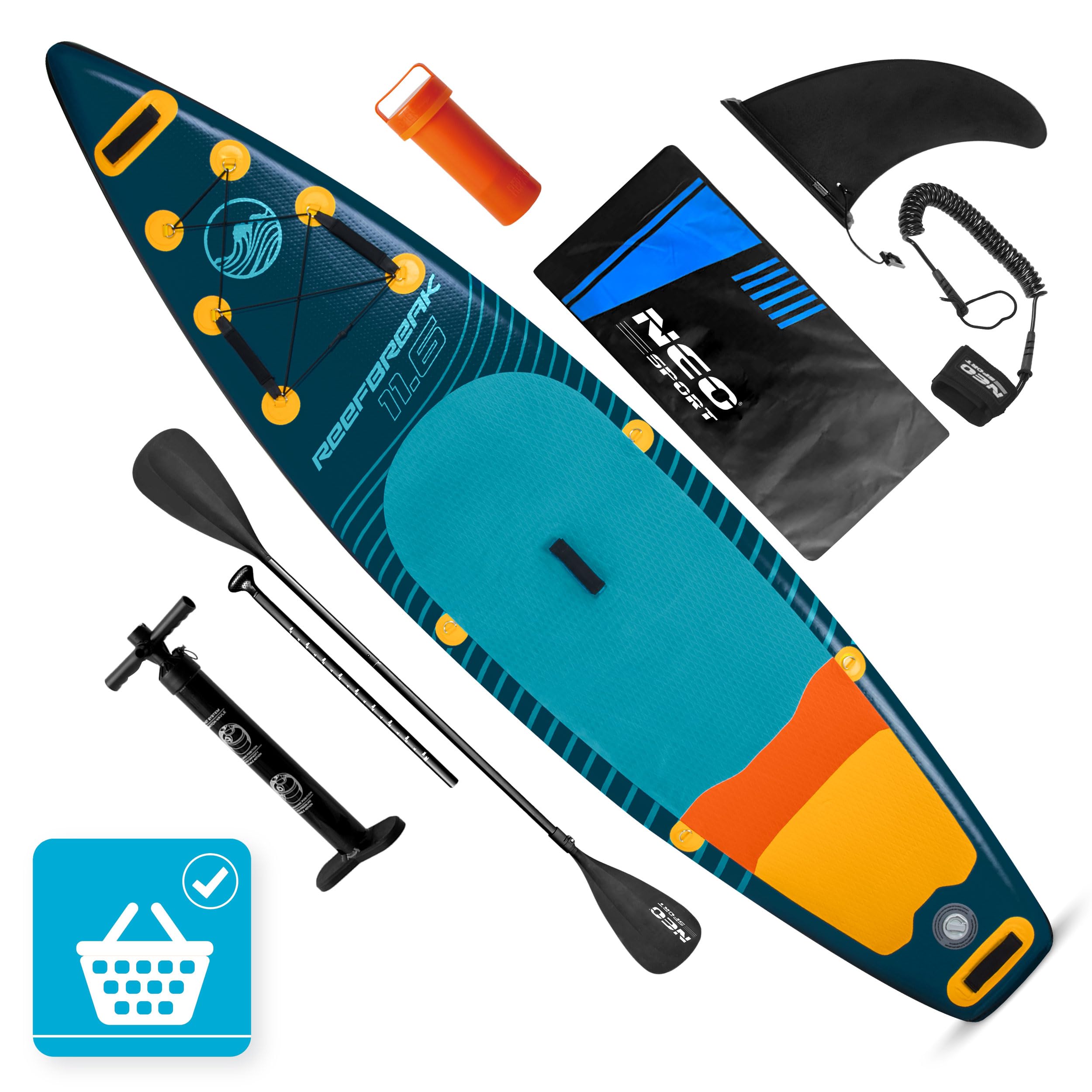 Neo-Sport Stand Up Paddling Board Reefbreak 11.6 - Allround SUP Board Set für Touren und Freizeit - 350 x 81 x 15 cm - bis 150 kg - mit Paddel, Pumpe, Leash und Rucksack