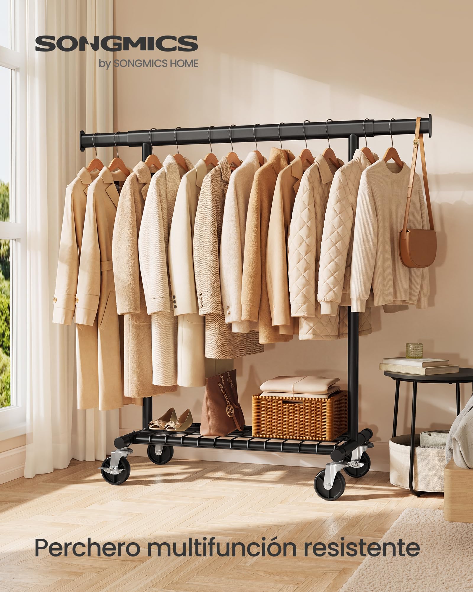 SONGMICS Burro Ropa Resistente, Extensible con Ruedas, Acero
