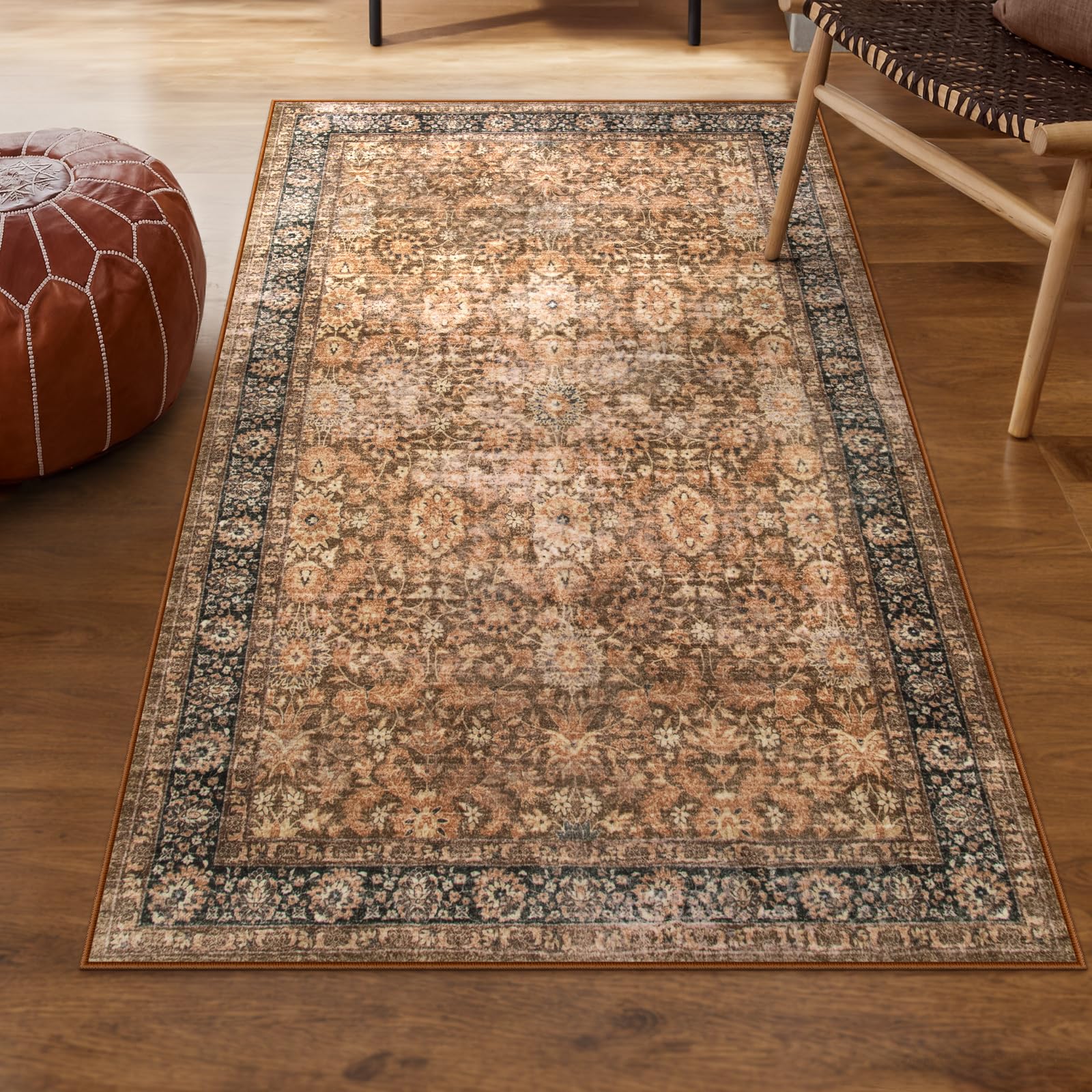 Morebes Vintage Machine Washable Area Rugs, Boho 3x5 Rug for Entryway, Soft Low-Pile Distressed Dorm Rug Indoor Floral Print Throw Carpet for Bedside