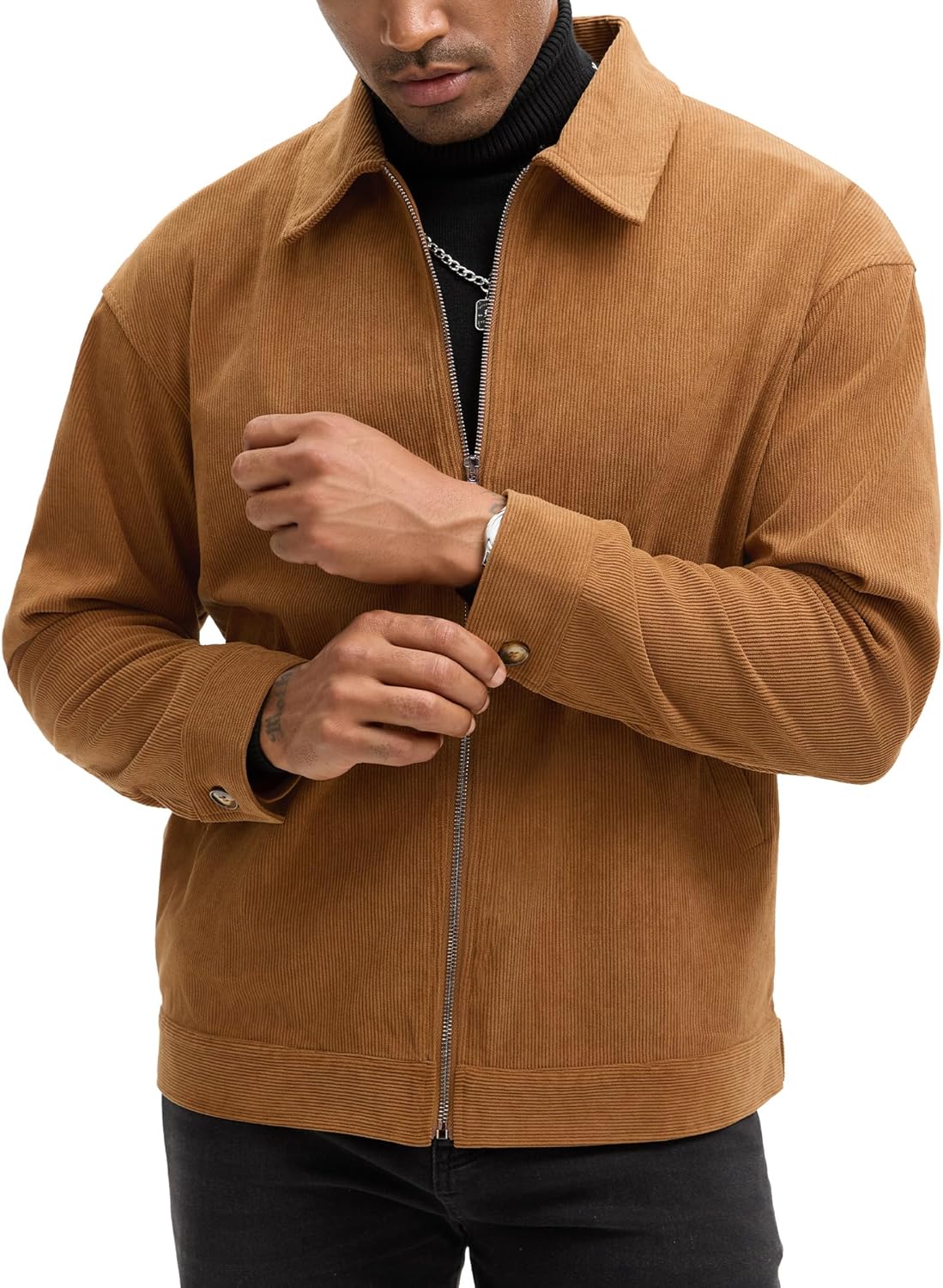 Comdecevis Mens Corduroy Jacket Lightweight Zip Up Goft Jackets for Men XL Light Brown - Image 3