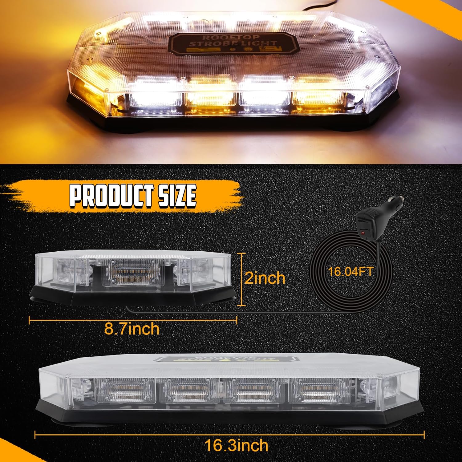 56 LED Rooftop Emergency Magnetic Strobe Lights, 16 Inch 26 Modes, Warning Traffic Flashing Beacon Lights for Trucks, Cars, Snowplow and Vehicles, Amber White