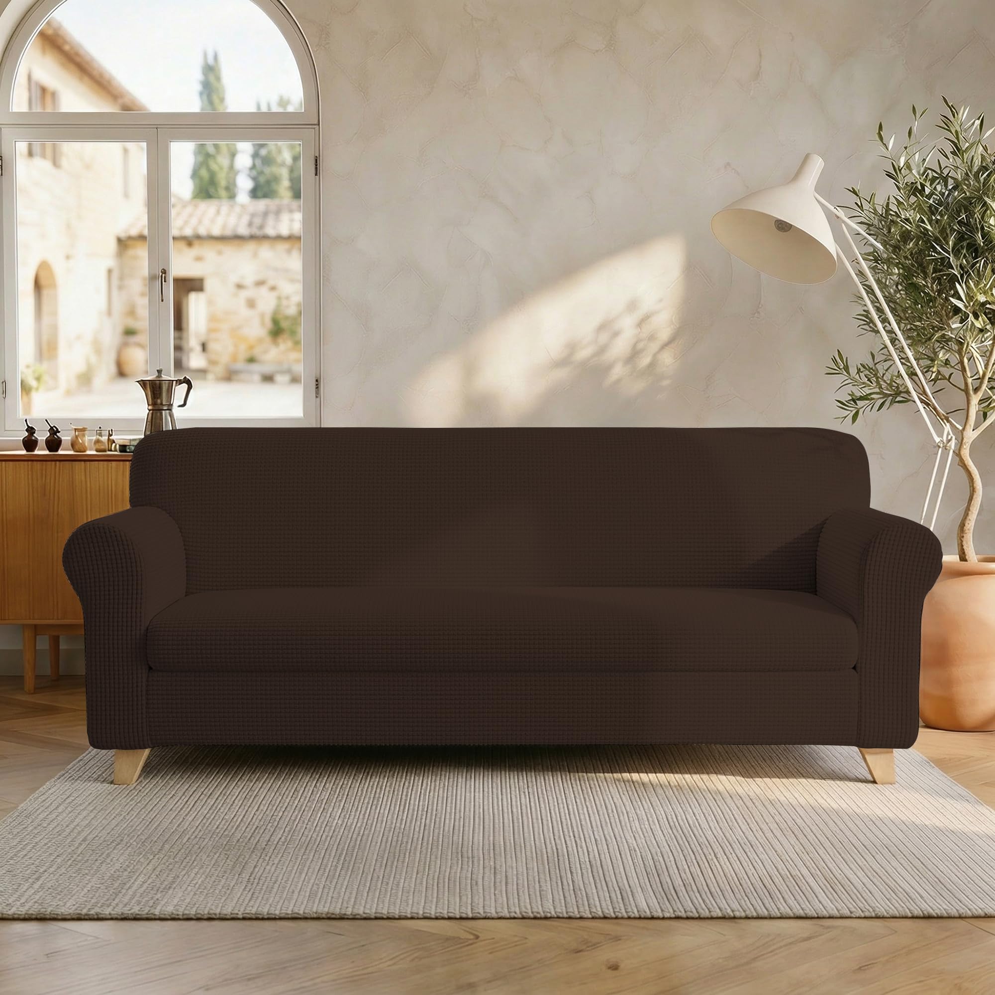 Housse de canapé 3 places extensible marron Leslie