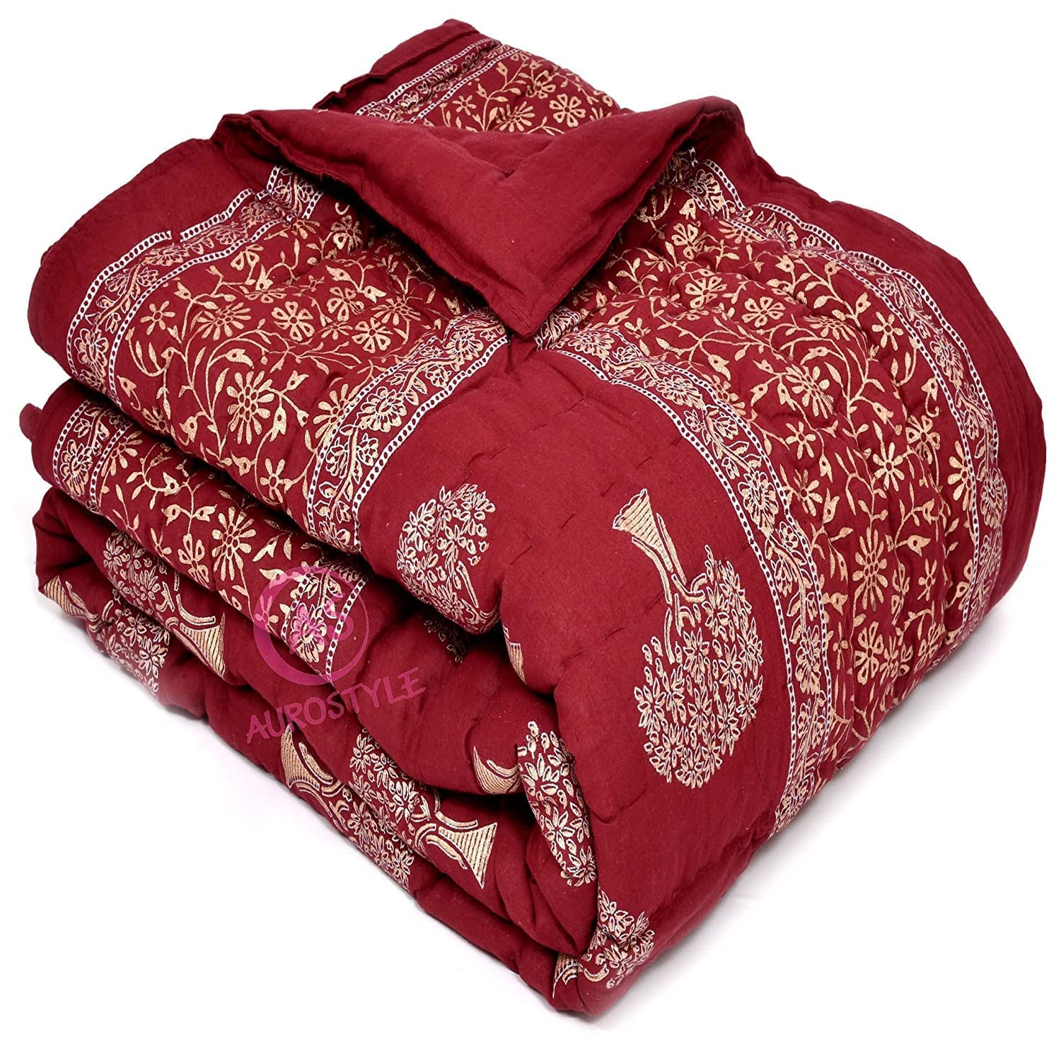 AUROSTYLE 400 TC Pure Cotton Floral Design with Gold Printed Traditional Rajasthani Jaipuri Quilt/Razai/Rajai (Light Weight, Double Bed-90 x 105 Inch) (Design 6)| TC - 400