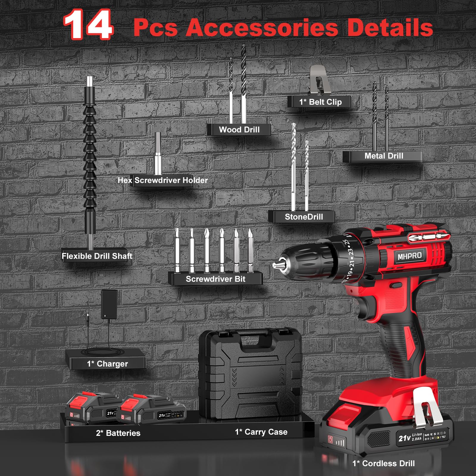 MHPRO Taladro Percutor a Bateria 21V, Taladro Atornillador Bateria con 2 Baterías 2000mAh, 42Nm, 25+3 Ajuste de Par Destornillador Electrico, 30 Accesorios, 2 Velocidad, LED Luz Para Hogar, Bricolaje