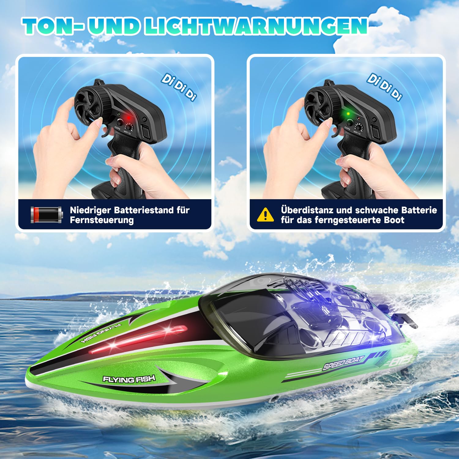 30 KM/H Ferngesteuertes Boot ab 6 8 Jahre, 1:16 RC Boot Ferngesteuert Speedboot mit Fernbedienung für Kinder ab 6 8 Jahre, Pool Spielzeug mit 2 Akku, Doppelt Wasserdicht