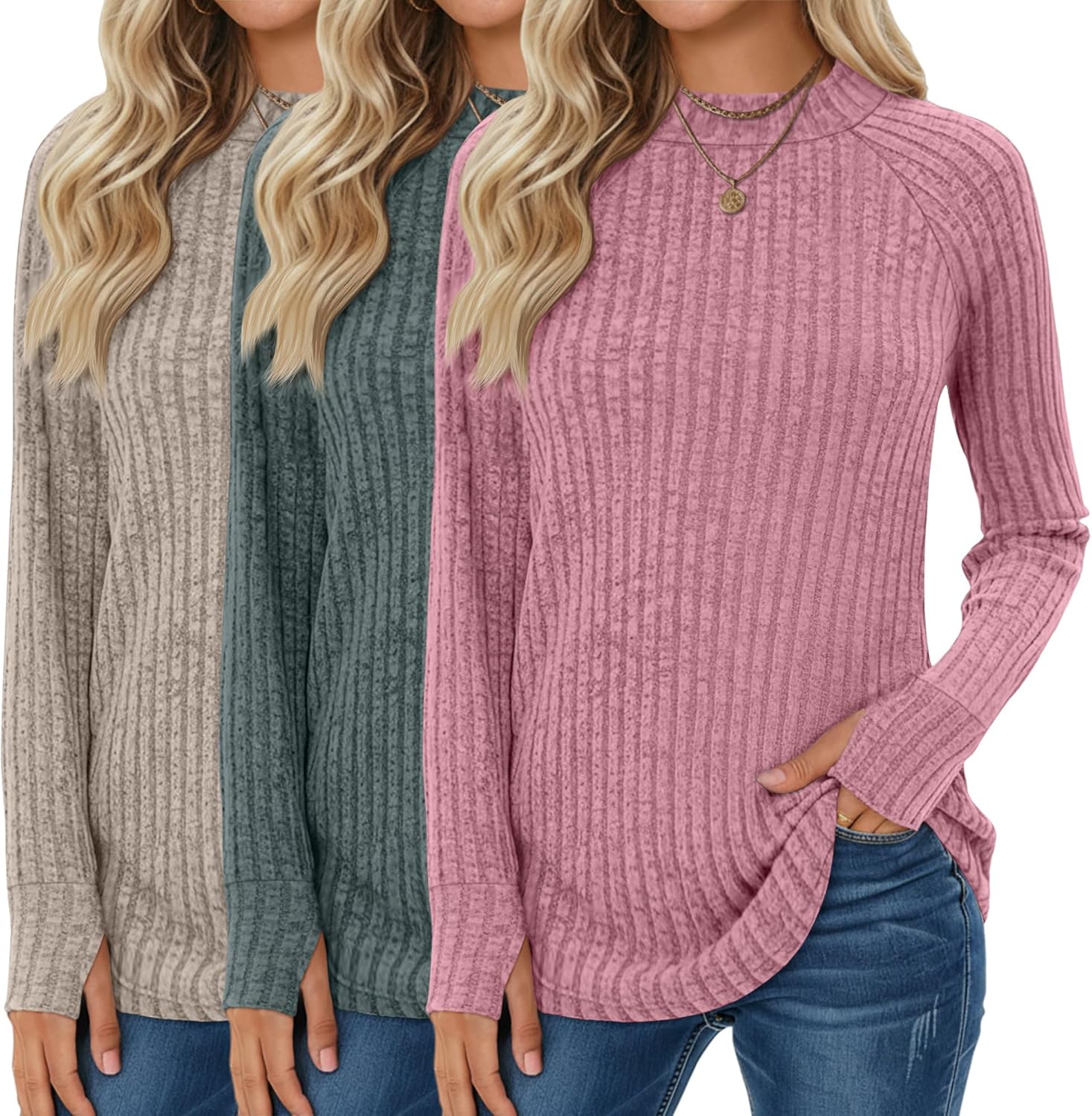 3 Pack Women's Sweater Long Sleeve Shirts Mock Turtleneck Tunic Tops Thumbhole Ribbed Curved Hem Loose Fall Clothes