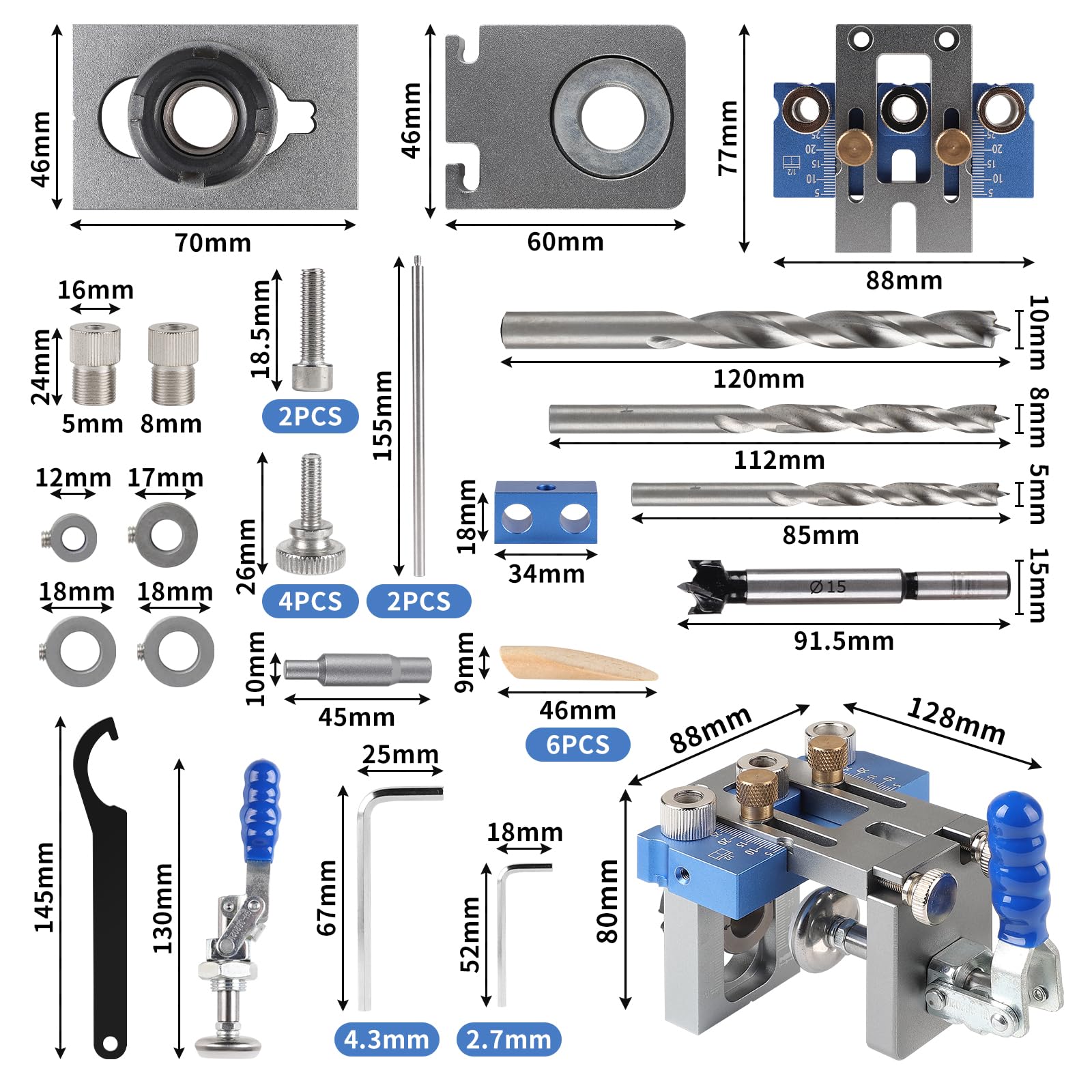 EFUTURETIME 3 in 1 Dima per Fori a Tasca, 5/8/10/15 mm Sagoma per Tasselli Regolabile, Dima di Tassellatura Verticali per Forature e Collegamenti Rapidi e Precisi, Blu