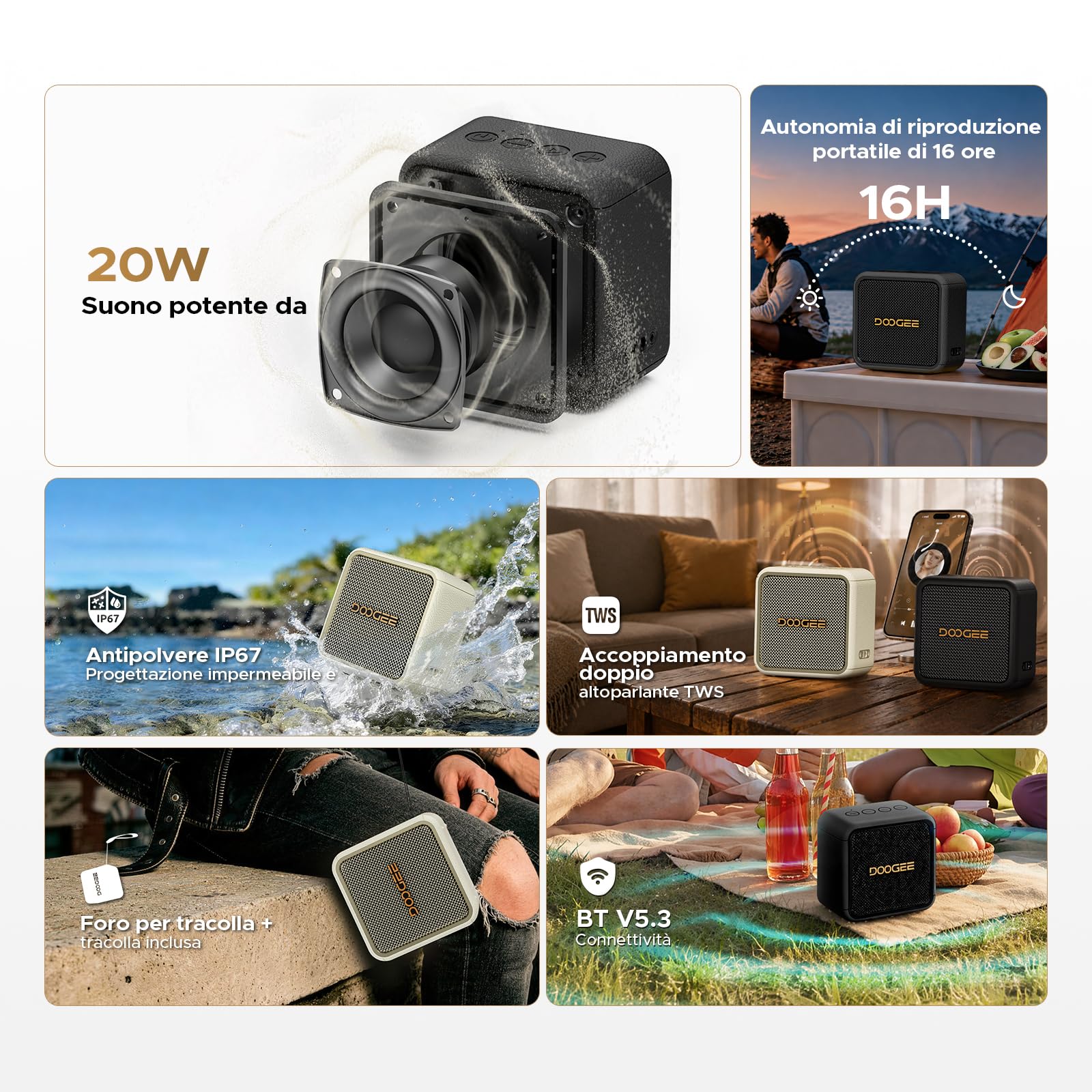 Cassa Portatile 20W Picco,Speaker Wireless IP67 Impermeabile Antipolvere e Antiurto,14 Ore Autonomia,TWS Stereo,Vivavoce,USB TF AUX (BLACK)