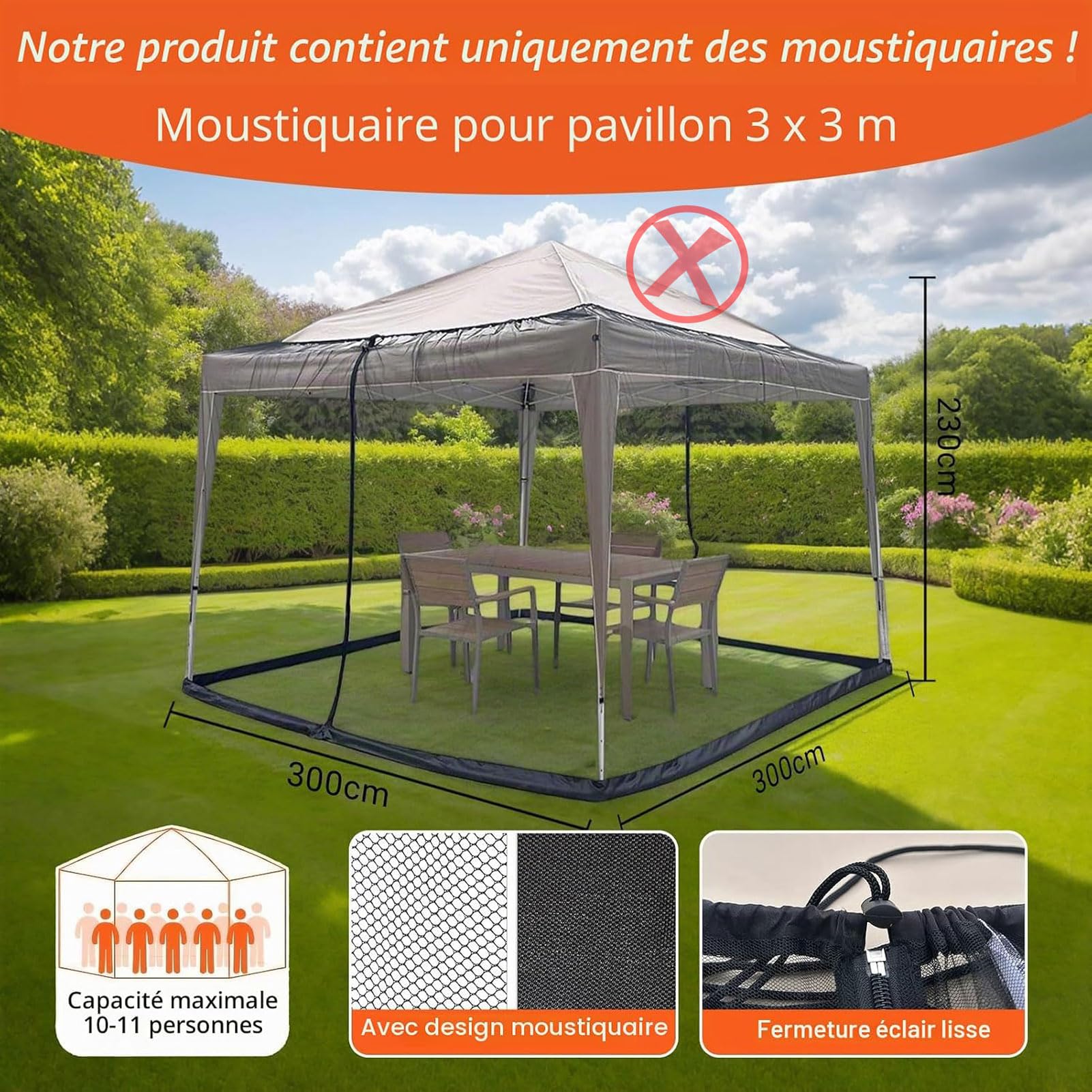 Moskitonetz Pavillon Fliegengitter 3 x 3 m: Insektenschutznetz Reißverschluss Gazebo Netting Verstellbares Pergola Mosquito Net Feinmaschig Outdoor Garten Hof Patio Camping (Schwarz, 300x300x230cm)