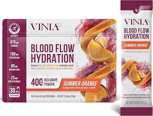 VINIA Resveratrol - Mezcla de polvo de hidratación de electrolitos, naranja de verano  Aumenta el flujo sanguíneo y la circulación  Sal marina, agua